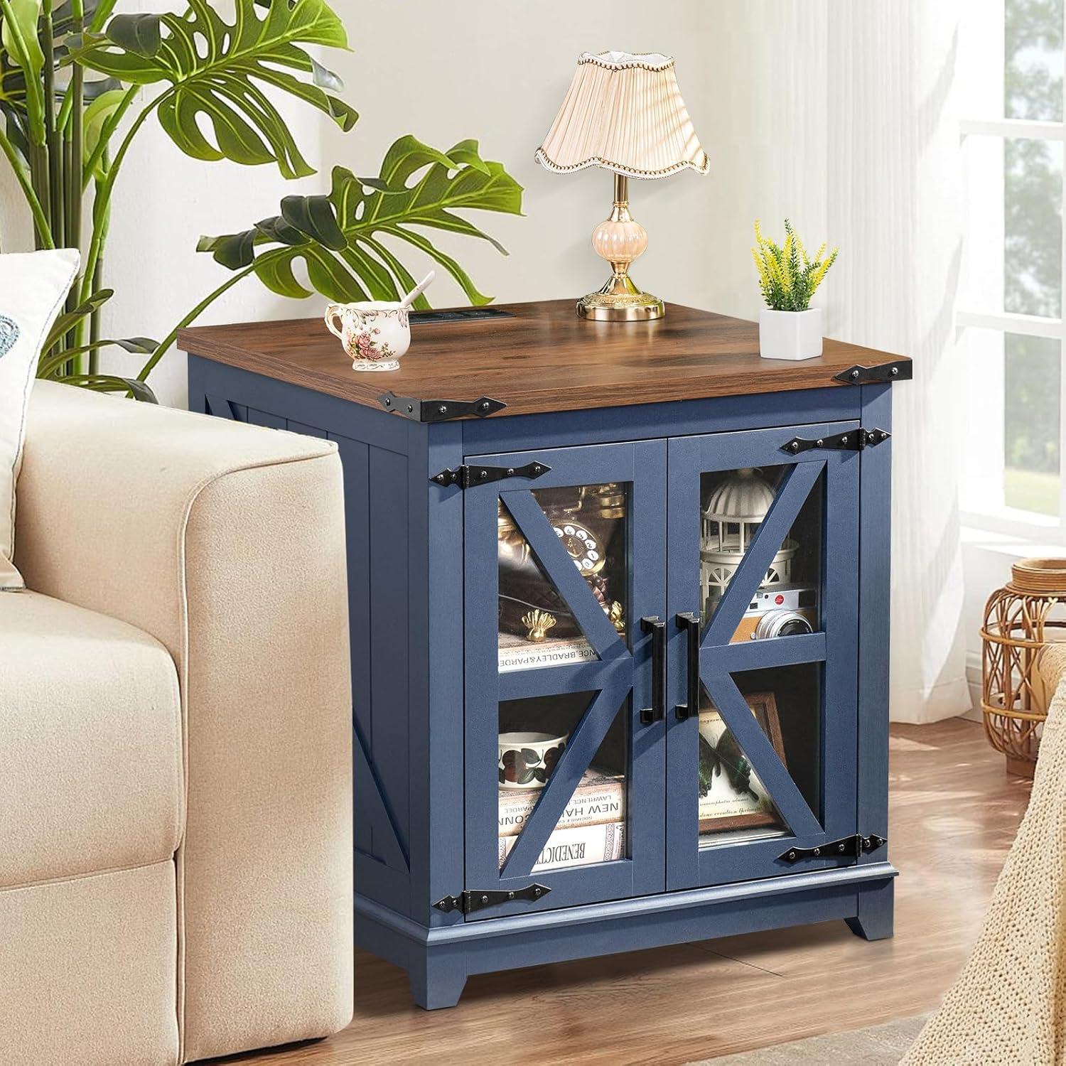 Blue Farmhouse Wood and Glass End Table with Storage