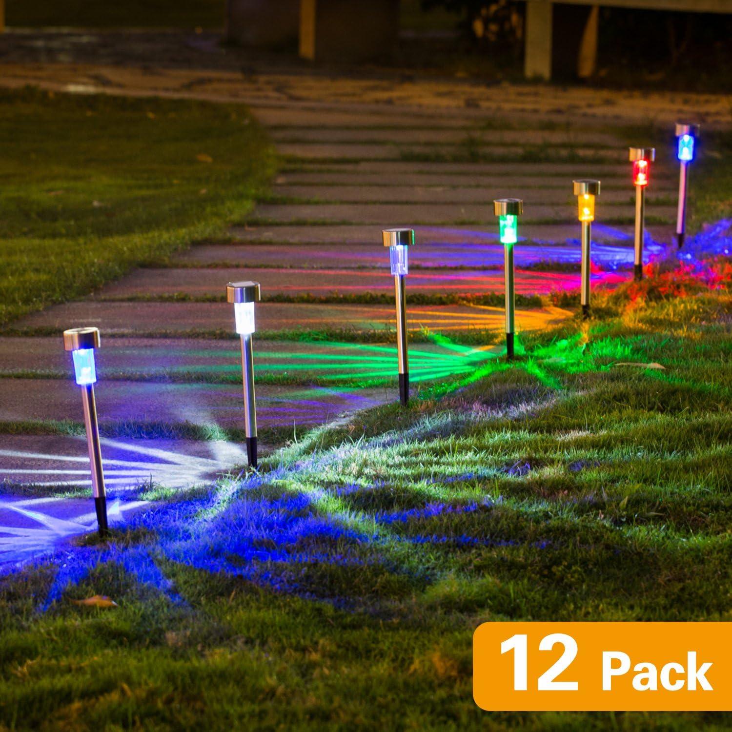 Wellgium Solar Lights Outdoor, Solar Lights Garden Lights Landscape Lighting Pathway Lights for Lawn Patio Stainless Steel-12 Pack(6 Colors) C25