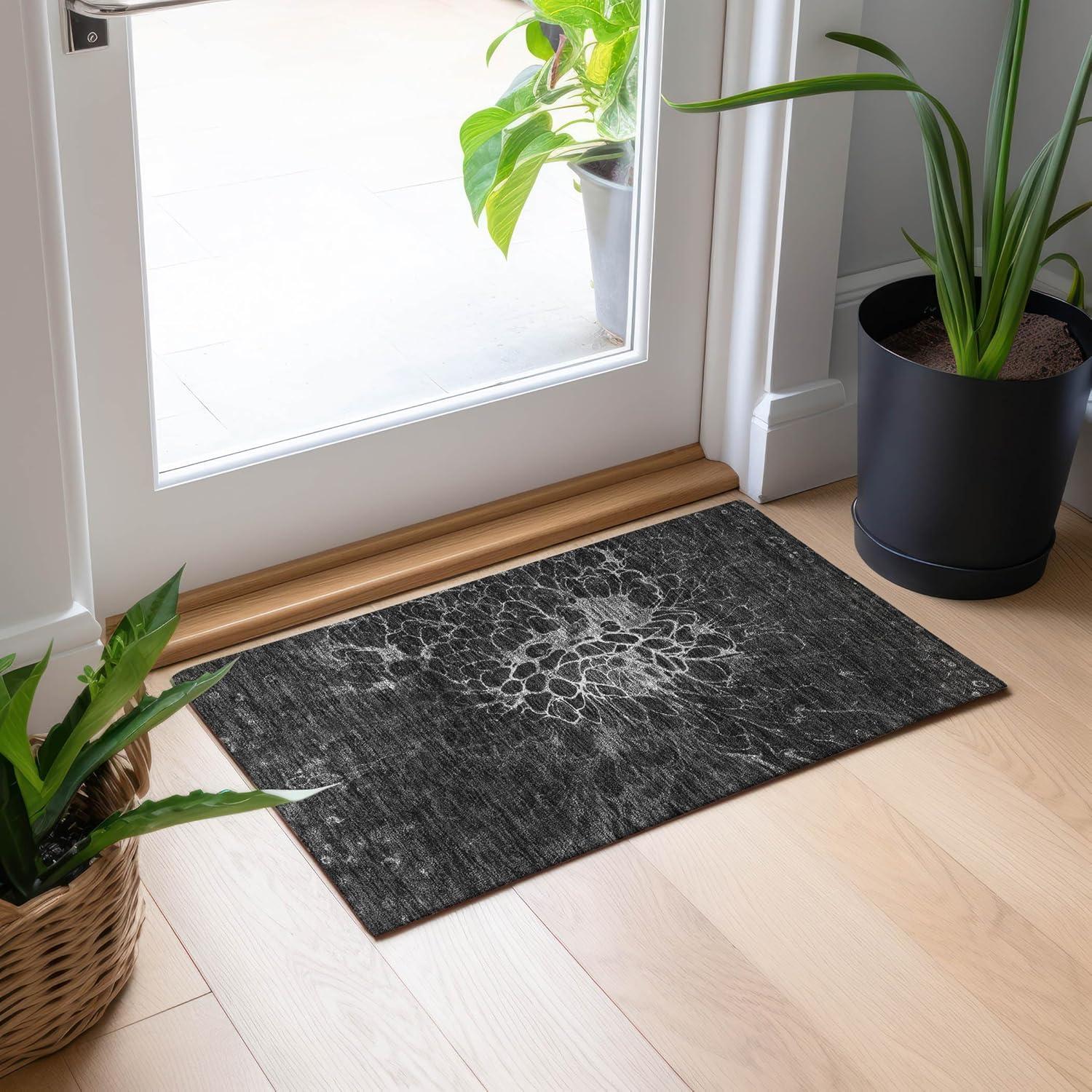 Charcoal Synthetic Flat Woven Washable Non-slip Rug