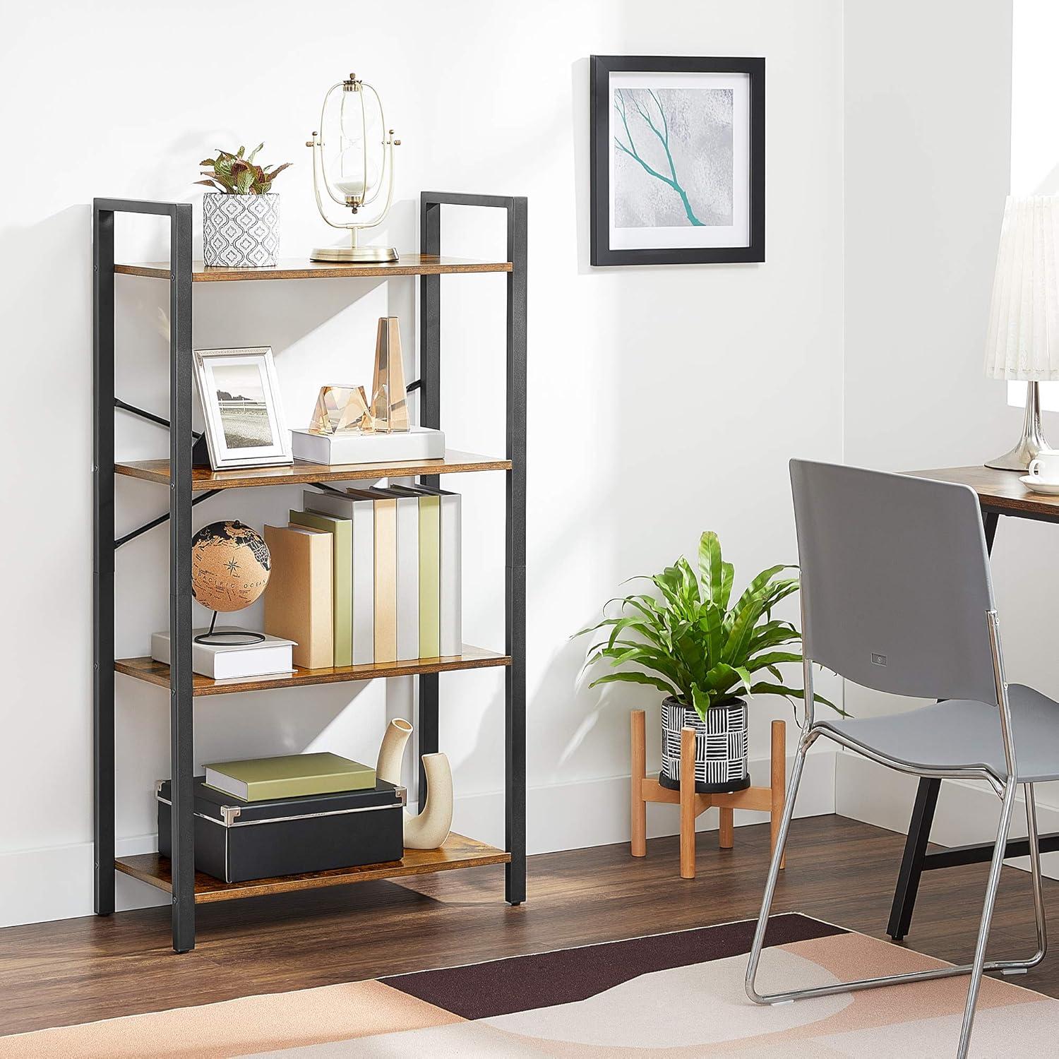 Rustic Brown and Black 4-Tier Ladder Bookshelf