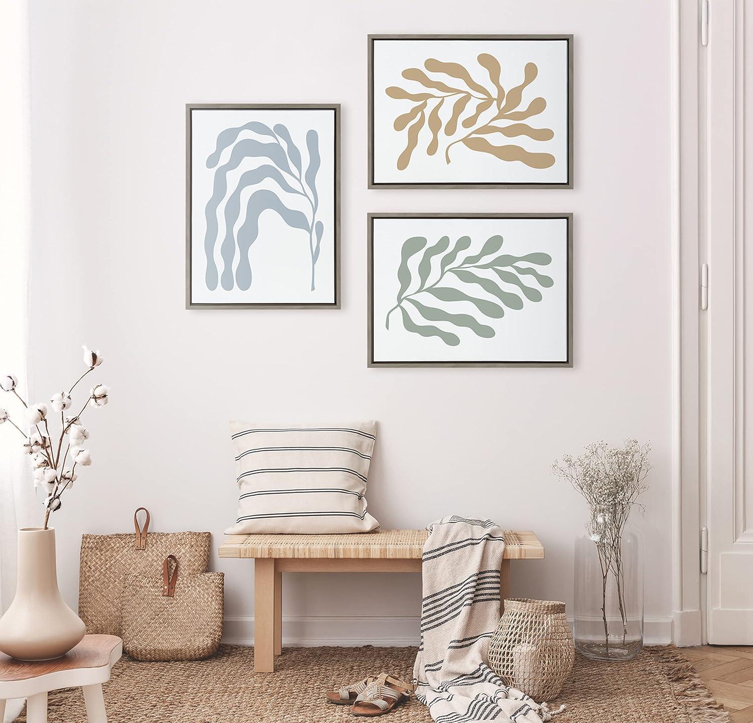 Kate and Laurel Sylvie Matisse Inspired Abstract Botanicals Framed Canvas by The Creative Bunch Studio, 3 Piece 18x24, Gray