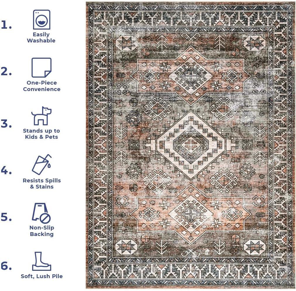 Nuloom 8x10 Machine Washable Rain Haven Vintage Medallion Indoor Area Rug, Rust Non-Slip Backing, Stain Resistant, BedroomLiving Room, Kitchen