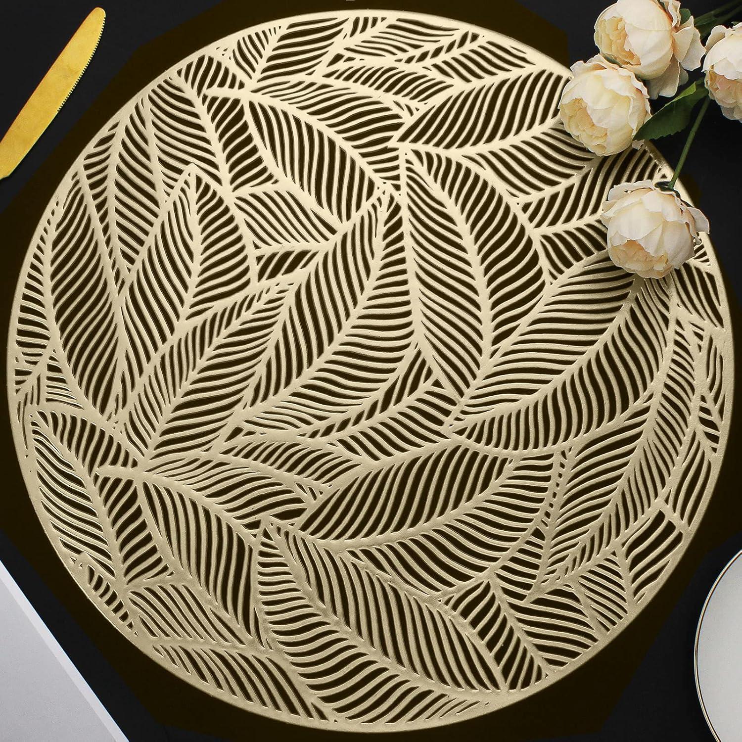 Gold Round Hollowed-Out Leaf Vinyl Placemats Set of 6