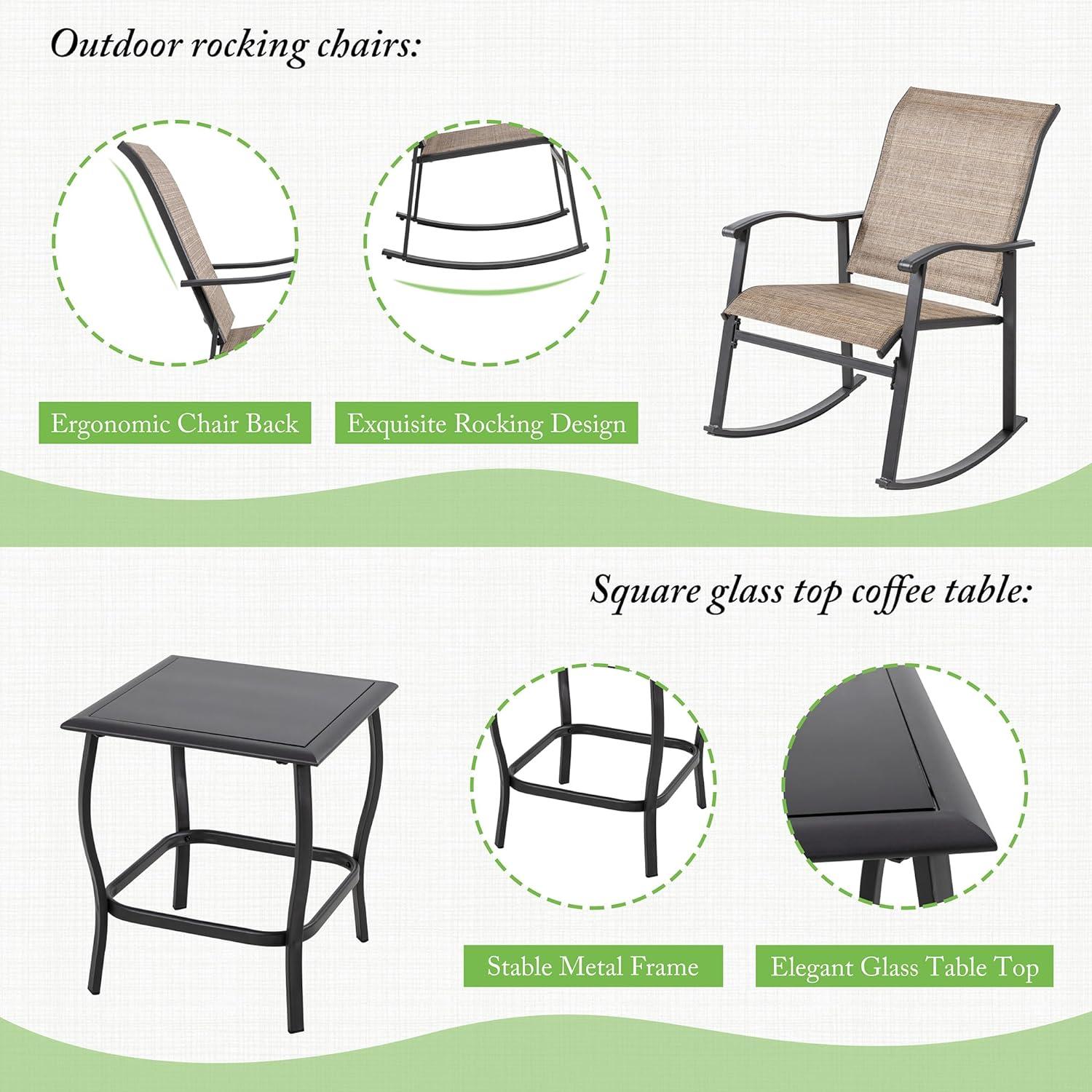 Sobaniilo 3 Piece Outdoor Rocking Bistro Set, Textilene Fabric Rocking Chair Set with Glass Table, Brown