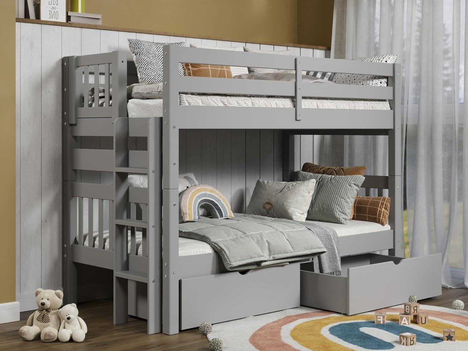 Bedz King Tall Stairway Bunk Beds Twin over Twin with 4 Drawers in the Steps and 2 Under Bed Drawers, Gray