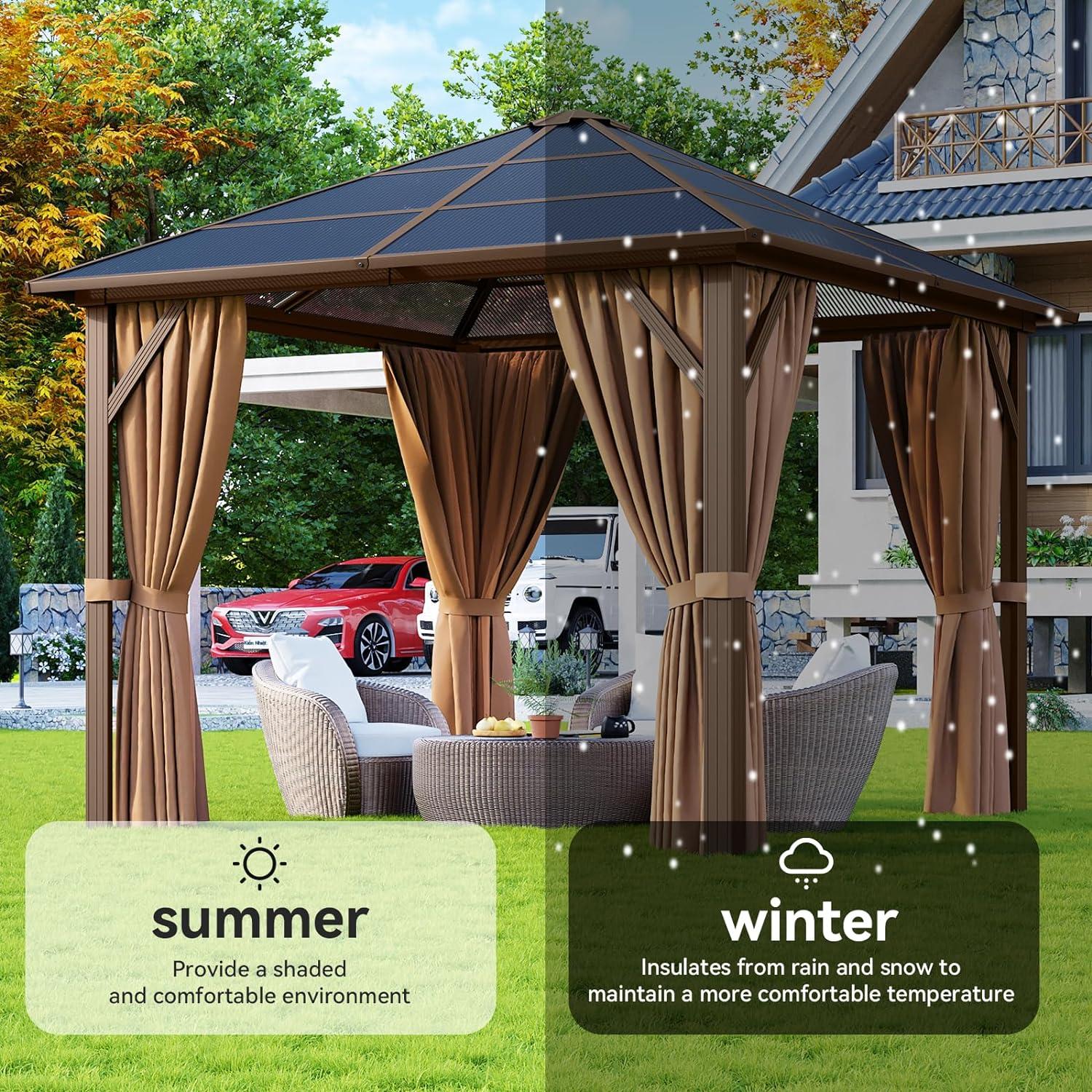 Aoxun 10 ft. x 10 ft. Hardtop Gazebo, Outdoor Aluminum Frame Permanent Pavilion with Curtains and Netting, Brown