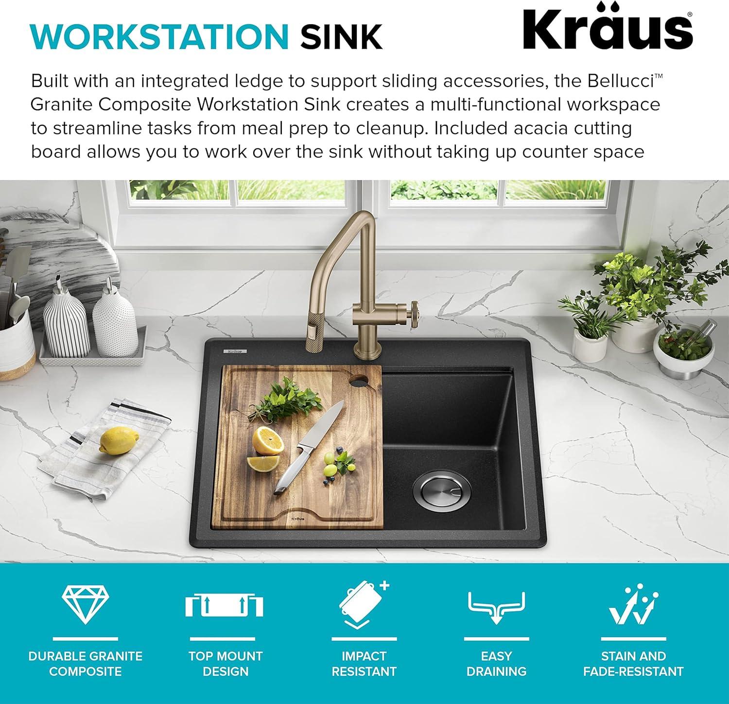 KRAUS Bellucci Granite Composite Workstation Drop-In Top Mount Single Bowl Kitchen Sink with Accessories