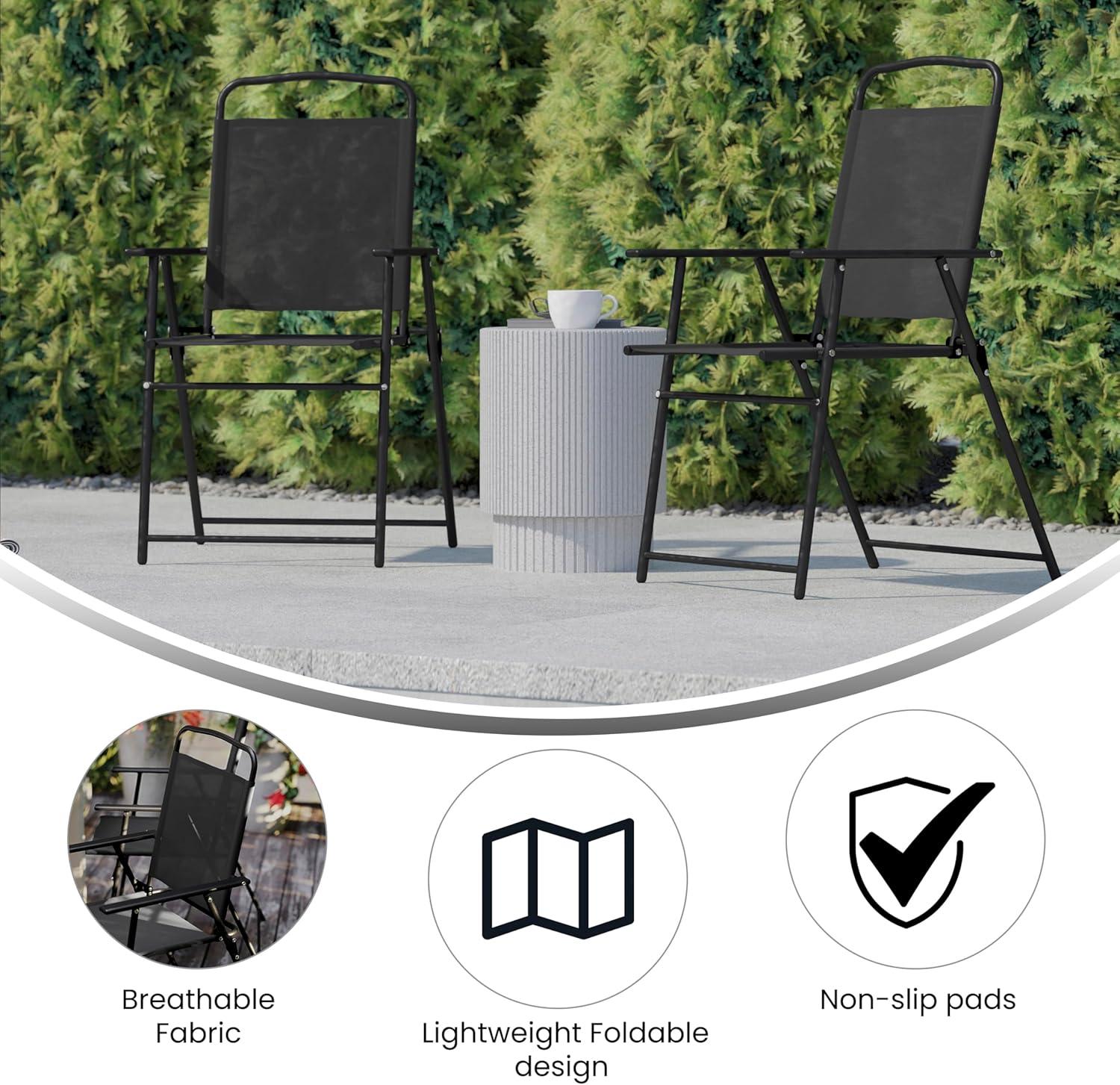 Flash Furniture Set of 2 Mystic Folding Patio Sling Chairs, Outdoor Textilene Lawn Chairs with Armrests in Black
