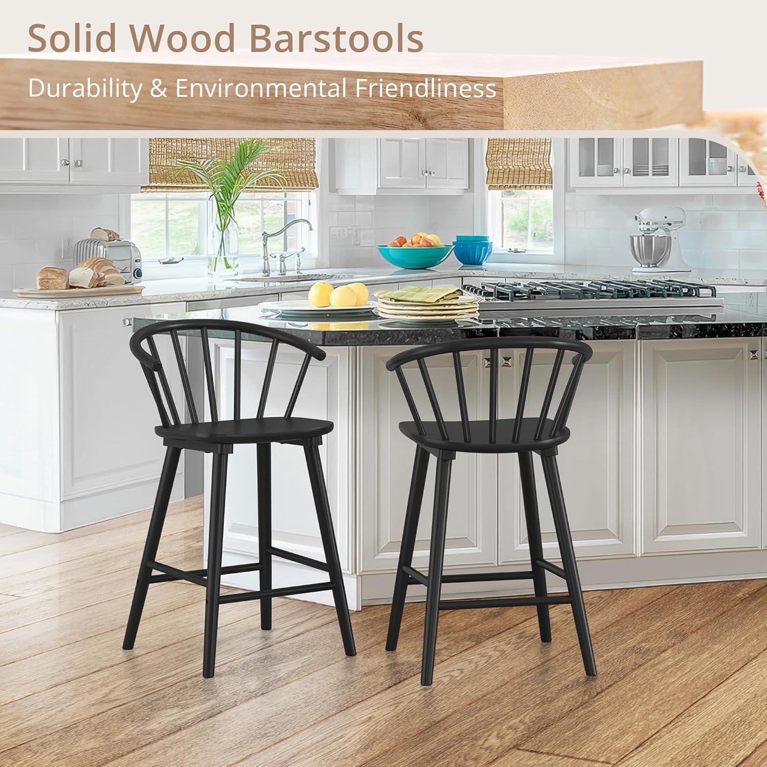 Winson Windsor 24 in. Black Solid Wood Bar Stool for Kitchen Island Counter Stool with Spindle Back Set of 6