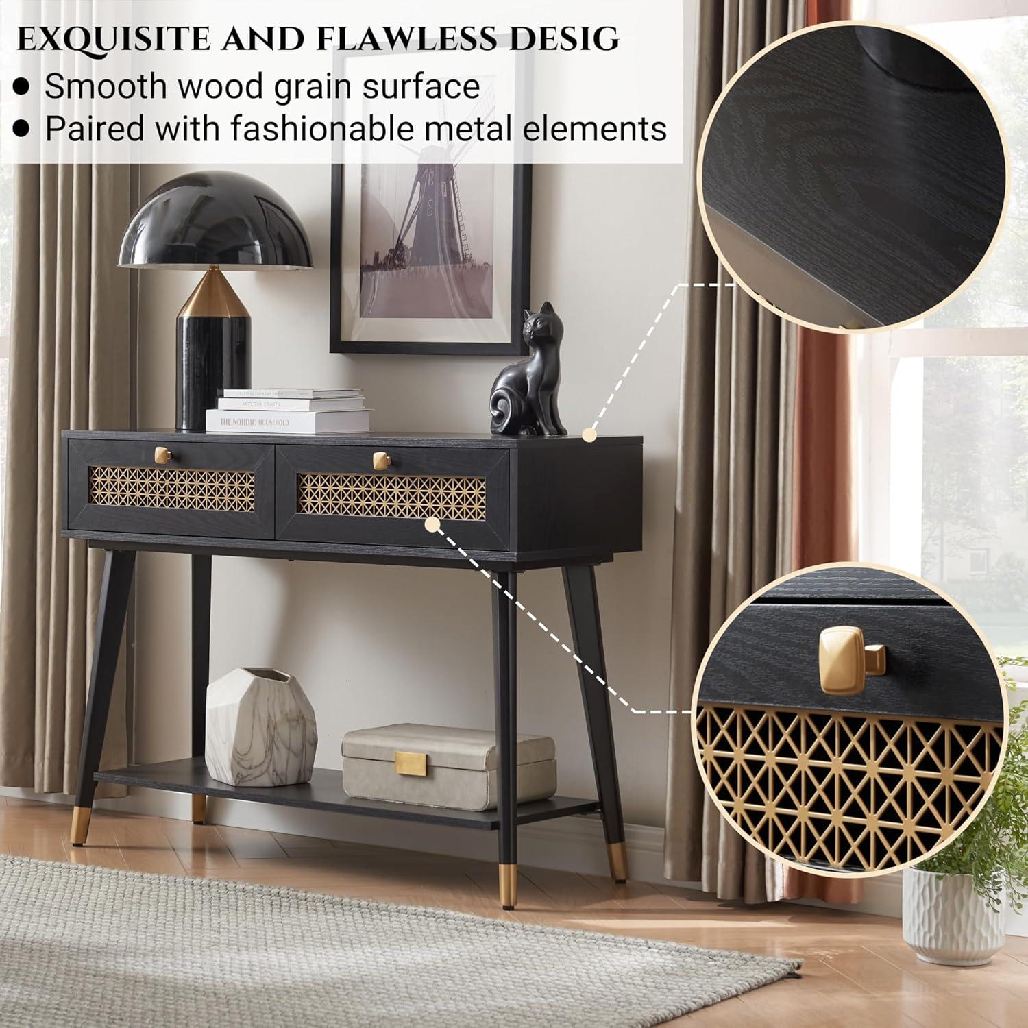 JYED Mid Century Modern Console Table with Gold Accent - 66" Entryway Table with Drawers, Faceted Taper Legs & Ventilated Storage for Hallway (Black)