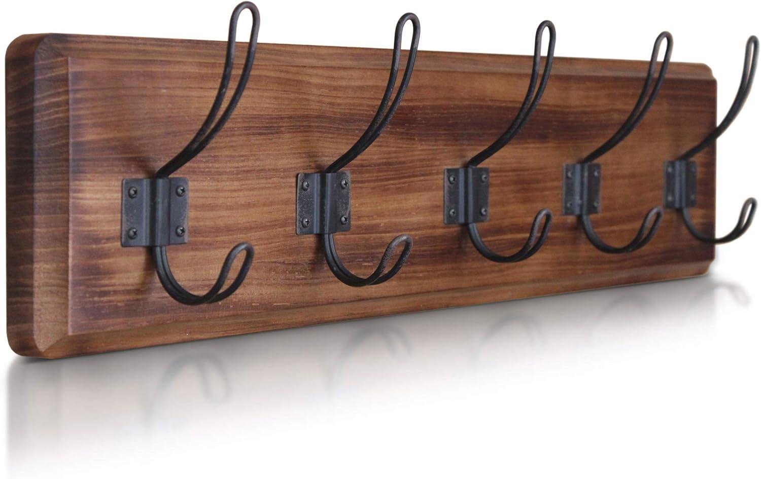 Rustic Brown Solid Pine Wood Wall Mount Coat Rack with 5 Hooks