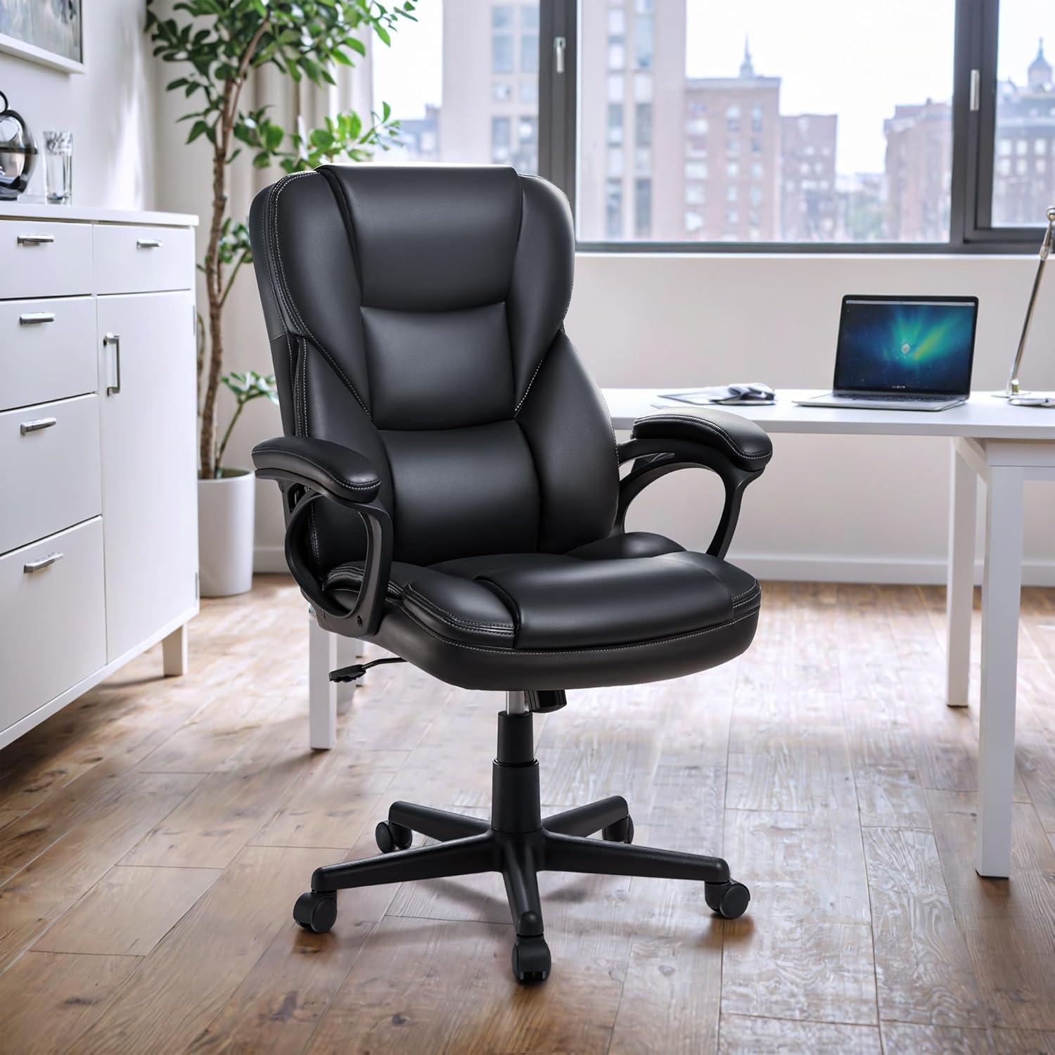 Office Executive Chair High Back Adjustable Managerial Home Desk Chair, Swivel Computer Leather Chair with Lumbar Support (Black)