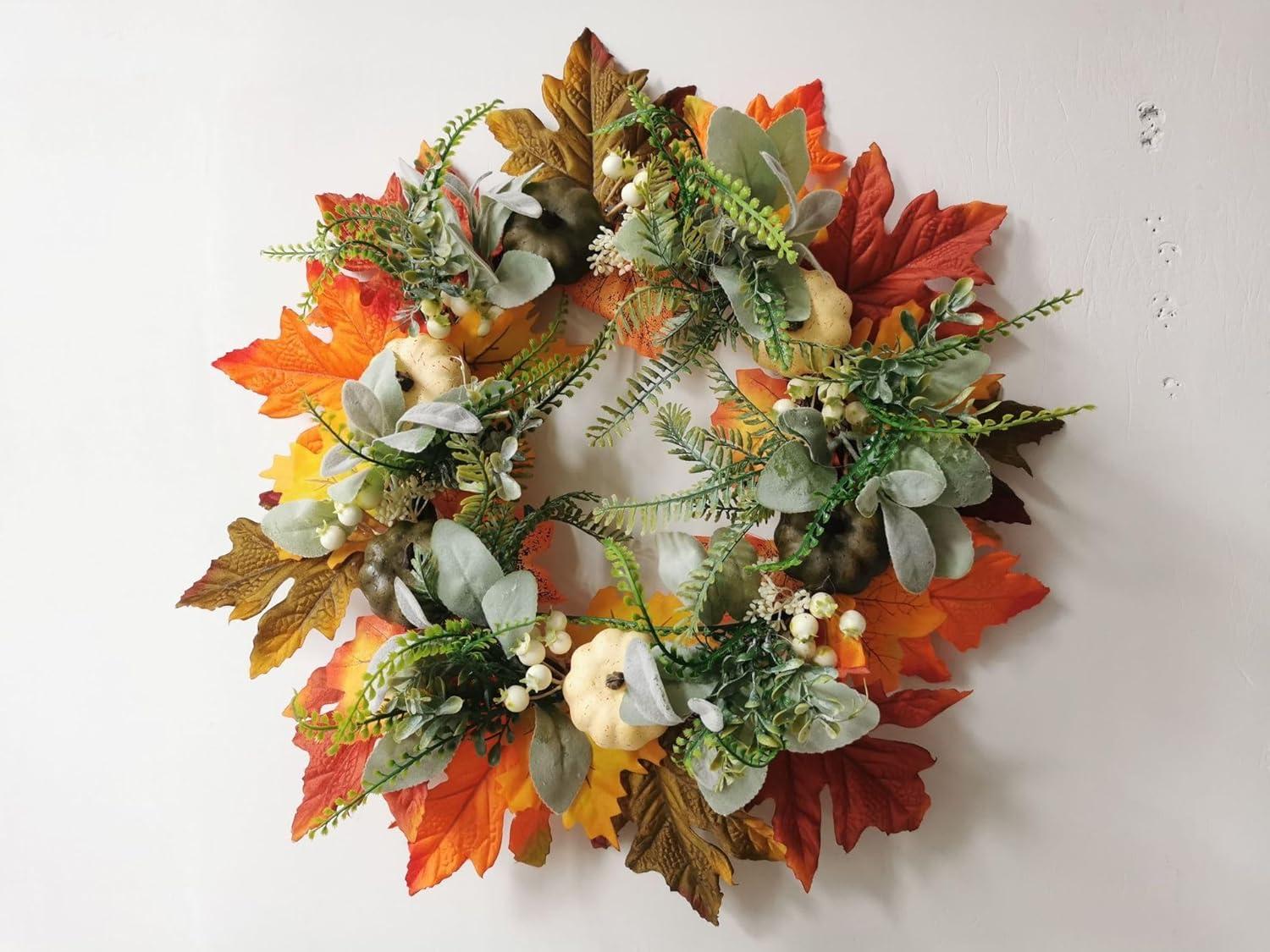 Artificial Fall Wreaths for Front Door Rustic Autumn Wreath with Pumpkin,Rose,Berry Branchesm,Mixed Leaves Thanksgiving Wreath Fall Door Wreath for Halloween Thanksgiving Indoor Outdoor Decor (A15.7)