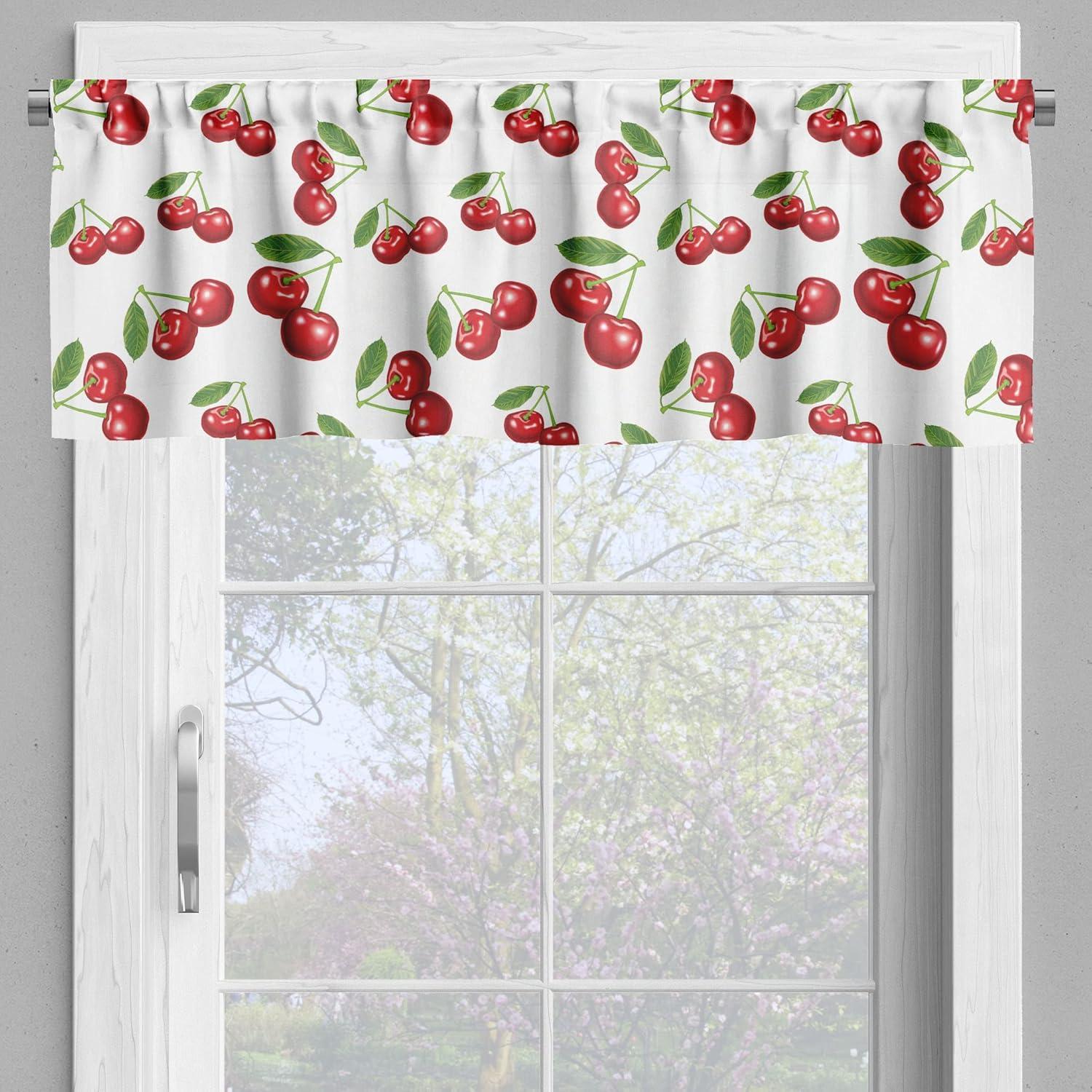 Ambesonne Fruit Valance & Curtain, Cherry Fruit Pattern, 55"x24", White Vermilion Green