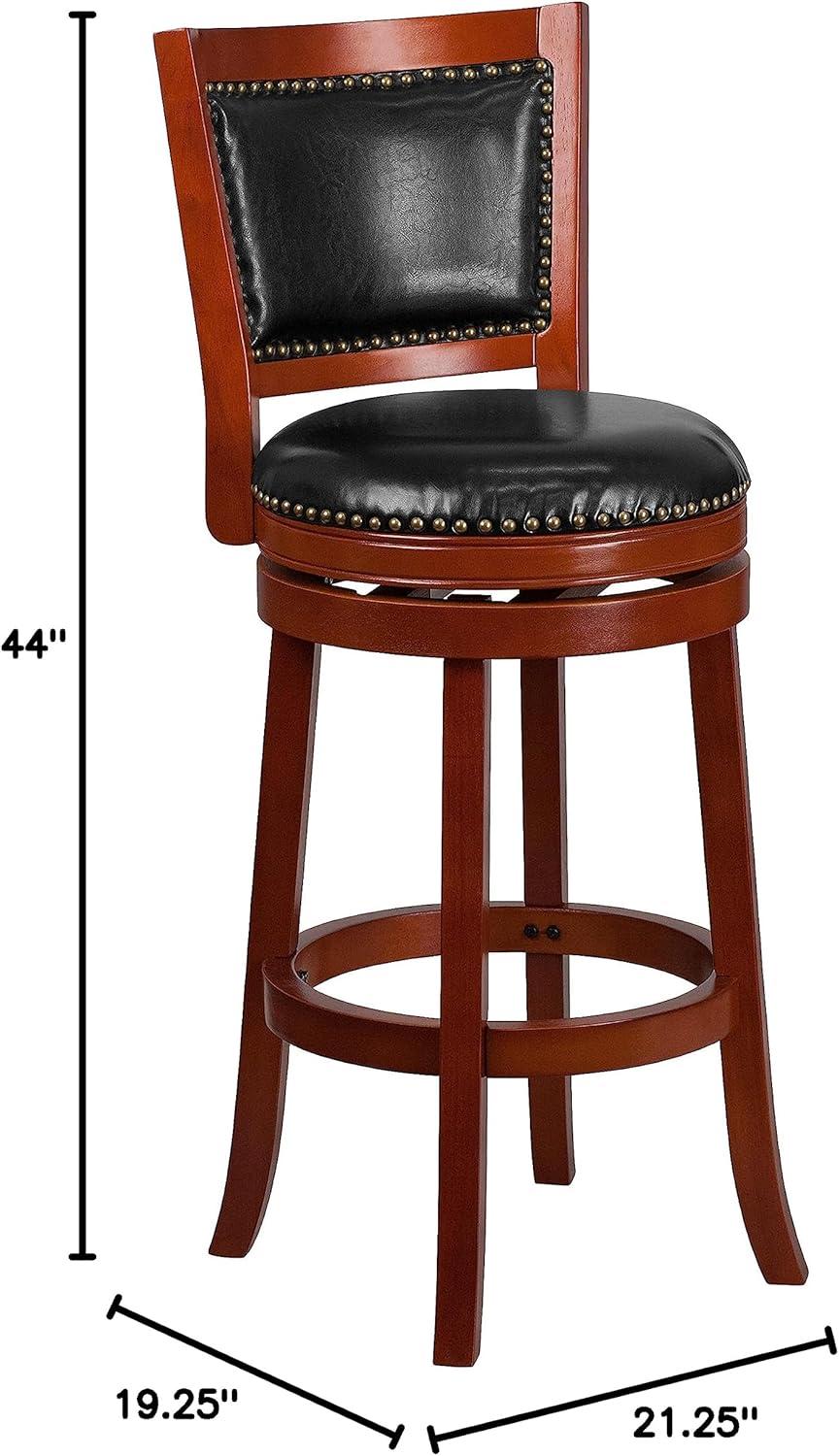 Elegant Light Cherry Wood Barstool with Black Leather Swivel Seat