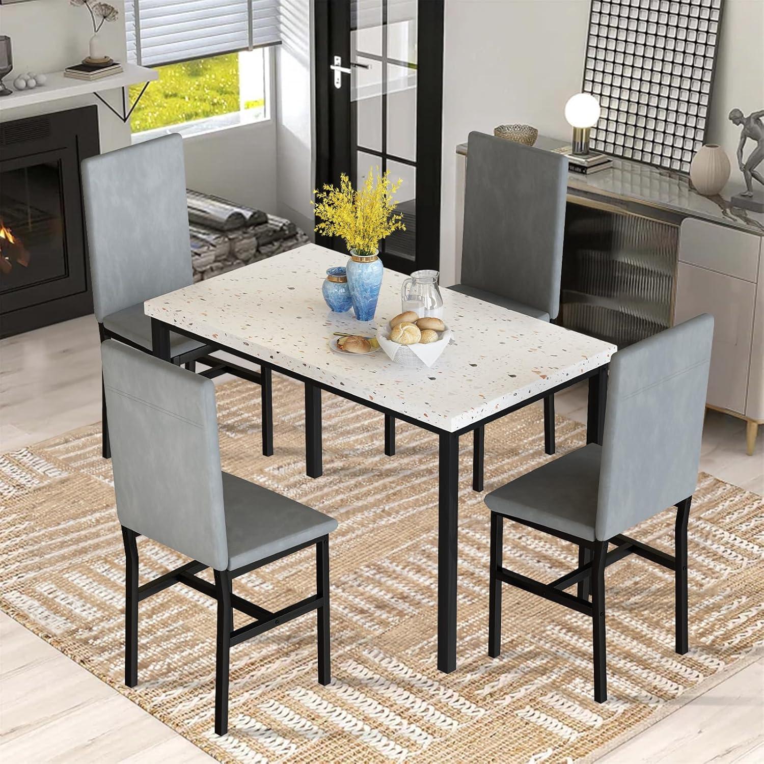 Recaceik 5-Piece Marble Dining Table Set with 4 Velvet Metal Frame Chairs for 4, 31.2"H Table