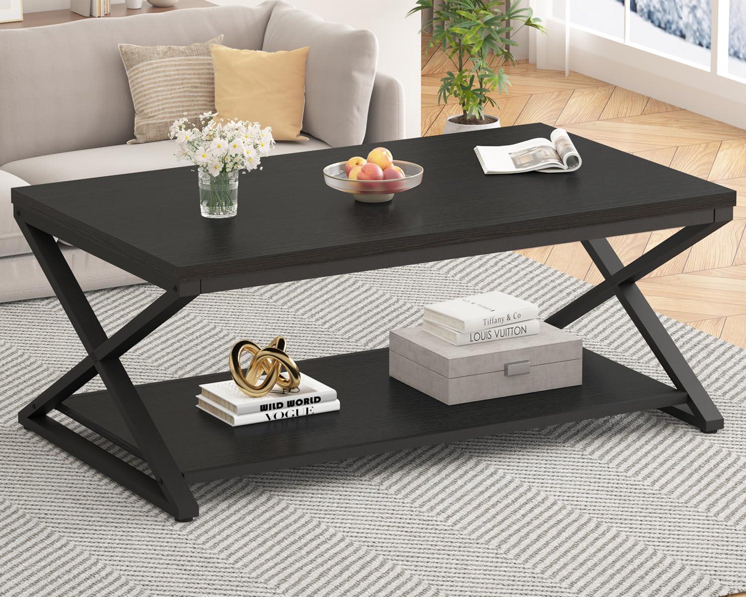 Black Oak 47" Rectangular Coffee Table with Storage Shelf