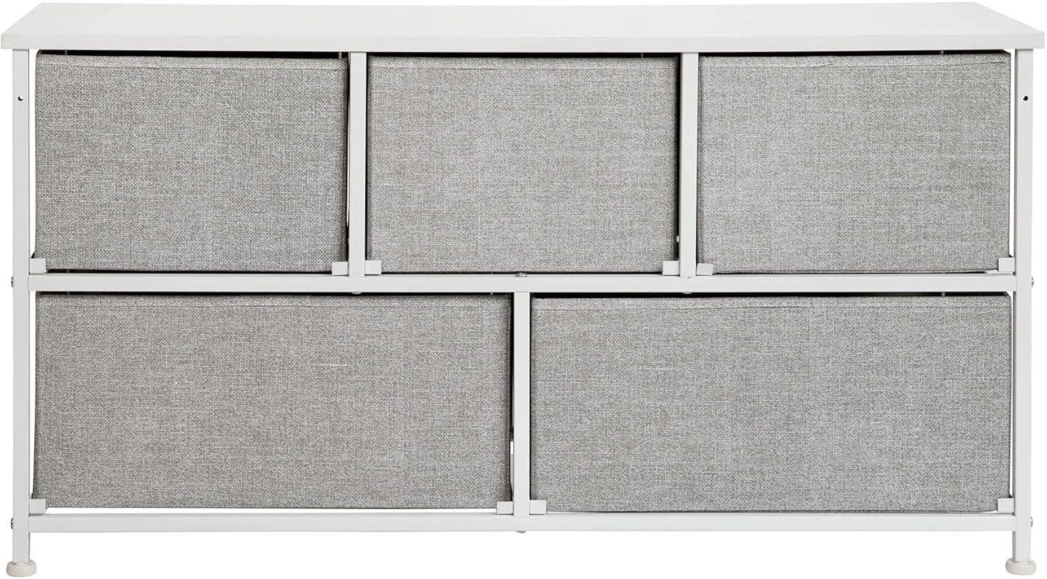 Flash Furniture 5 Drawer Wood Top White Cast Iron Frame Vertical Storage Dresser with Light Gray Easy Pull Fabric Drawers