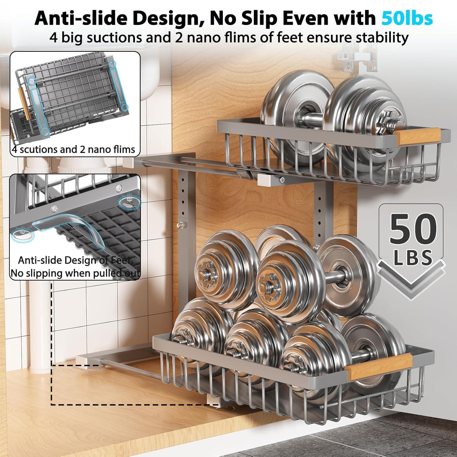 Under Sink Organizer Storage 2 Pack, 2 Tier Slide Out Height Adjustable Pull Out Cabinet Organizer Drawer for Kitchen Bathroom Large Under Sink Shelf Rack Caddy for Pantry, Grey