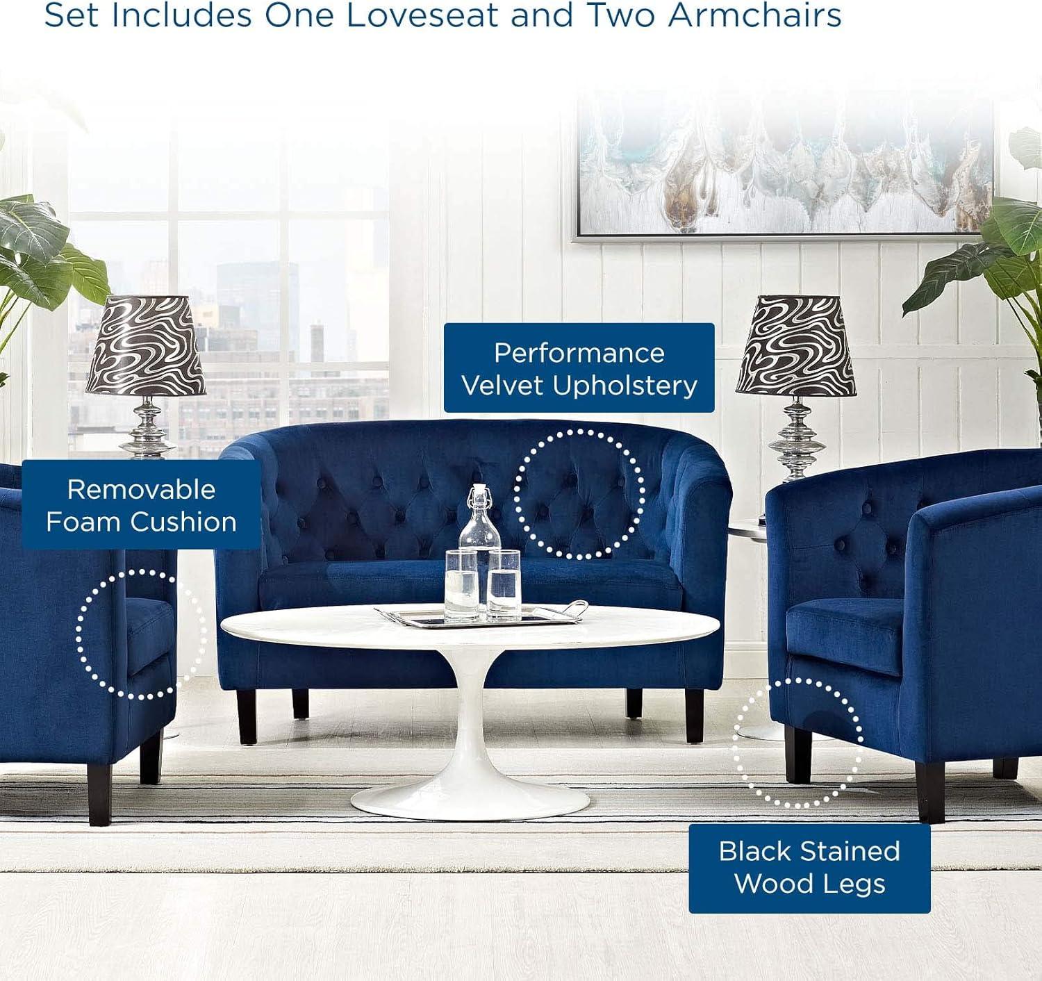 Modway Prospect 3 Piece Performance Velvet Loveseat and Armchair Set in Navy