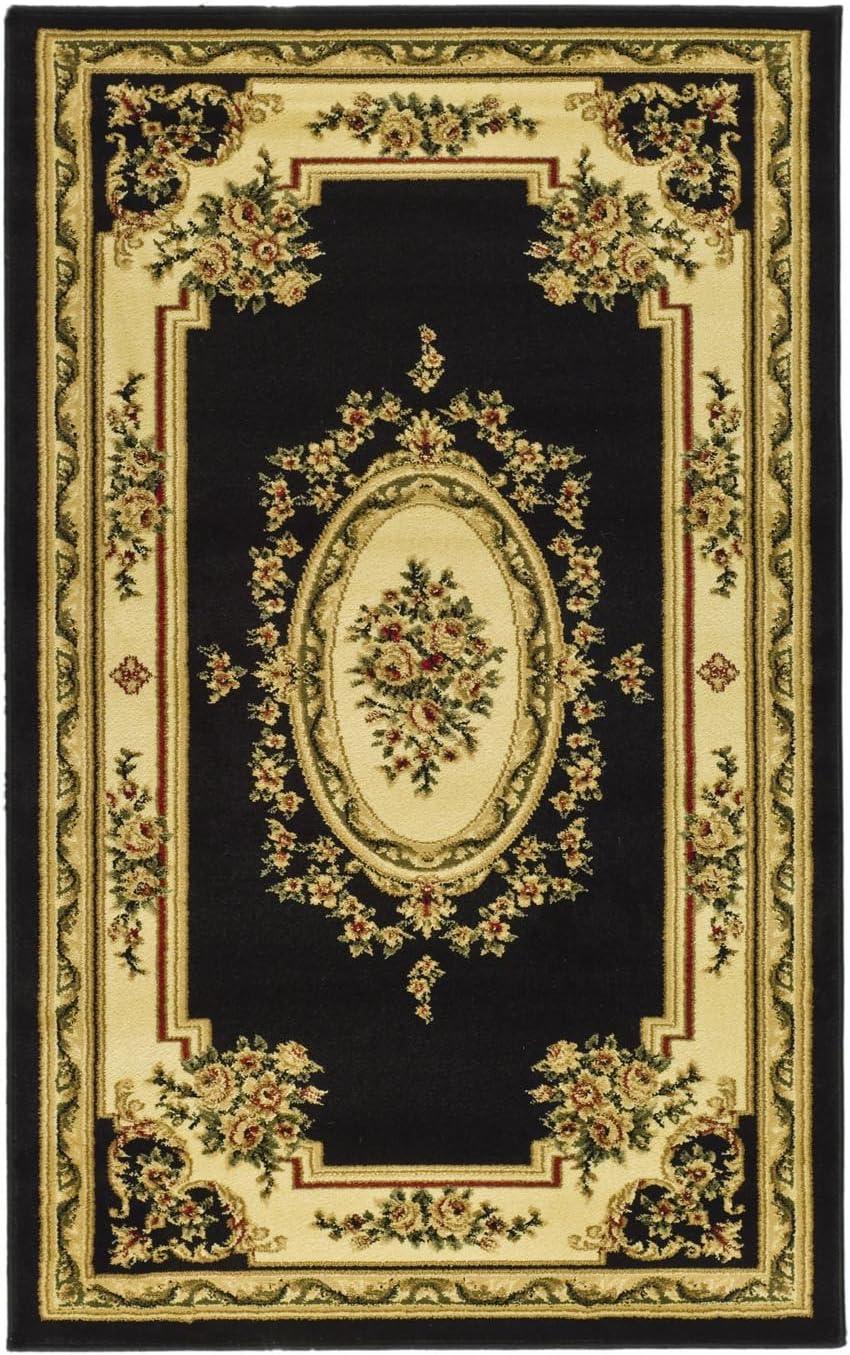 Black and Ivory Floral Synthetic Rectangular Area Rug