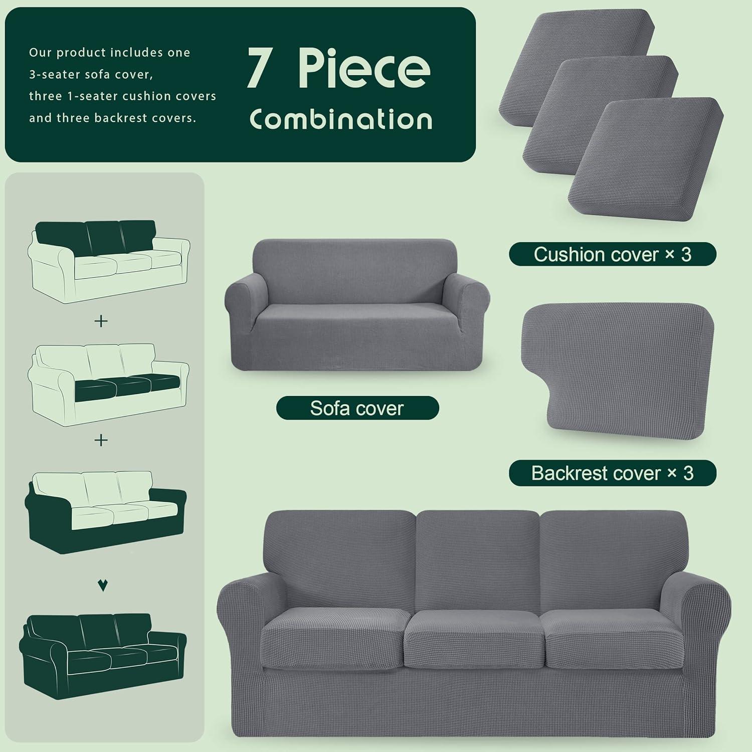 CHUN YI 7 Piece Couch Covers for 3 Cushion Couch Sofa Pet Friendly, 3 Seater Stretch Sofa Slipcover with Seperate Backrest and Cushion Covers, Furniture Protector for Dogs (Large, Light Grey)
