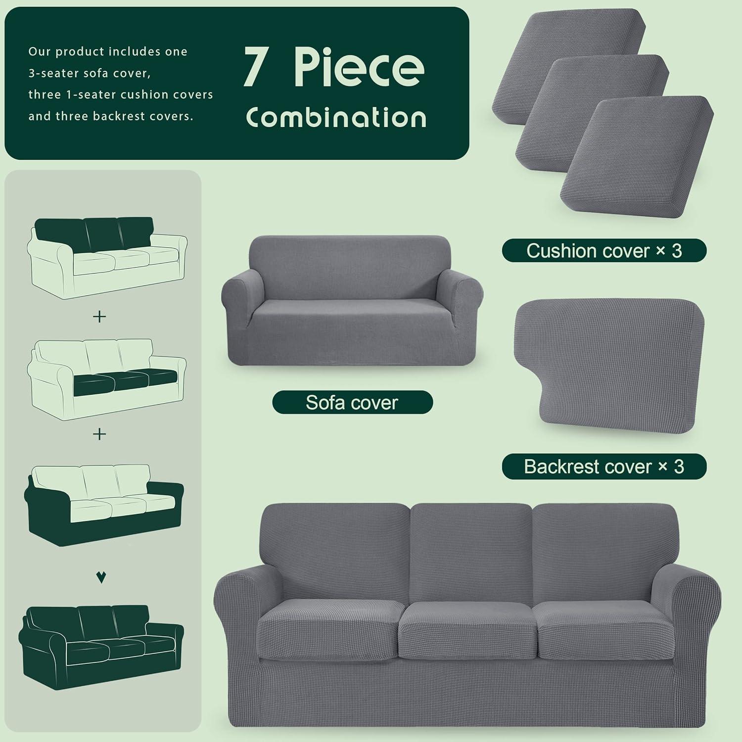 CHUN YI 7 Piece Couch Covers for 3 Cushion Couch Sofa Pet Friendly, 3 Seater Stretch Sofa Slipcover with Seperate Backrest and Cushion Covers, Furniture Protector for Dogs (Large, Light Grey)