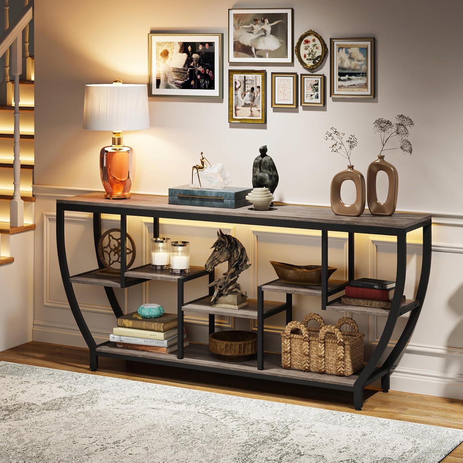 Gray Industrial Chic 70.9'' Console Table with Shelves