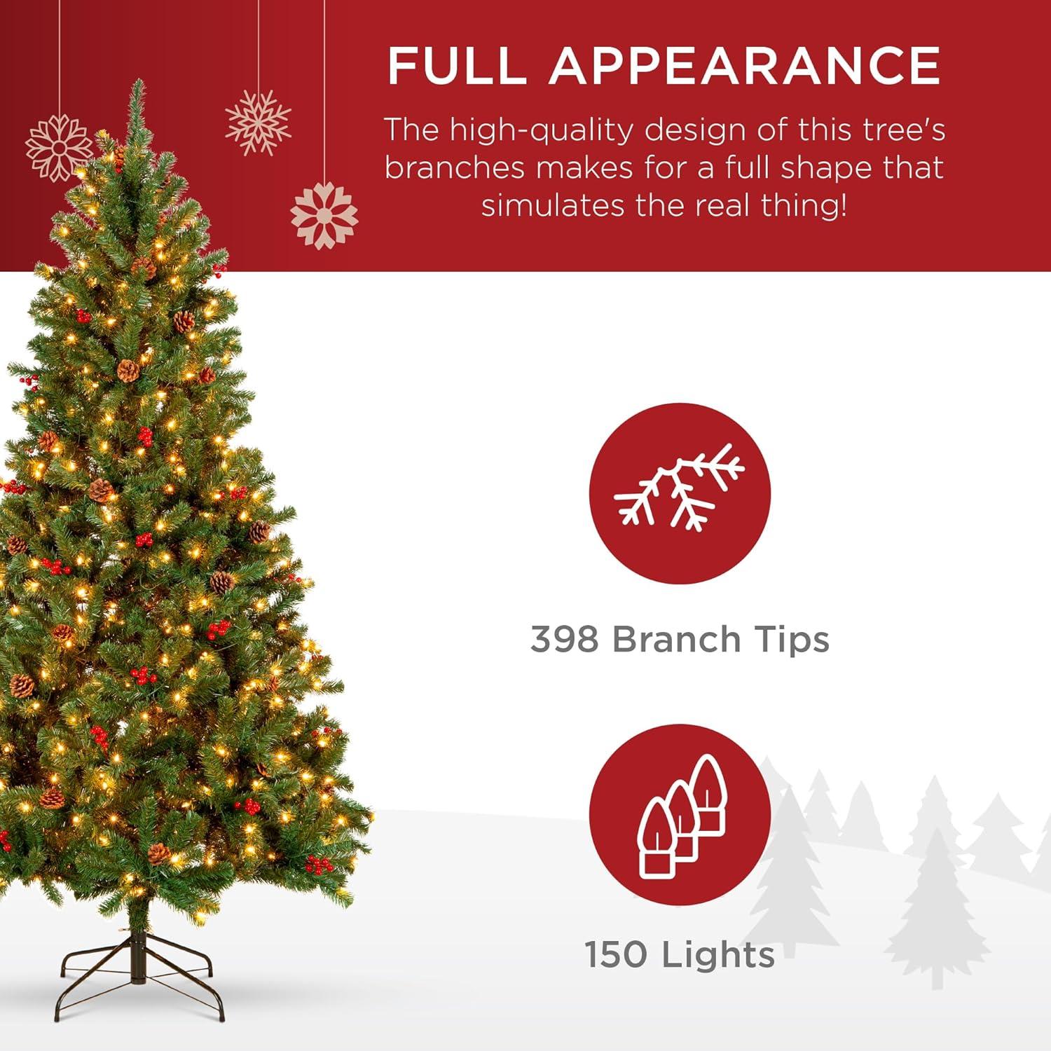 Best Choice Products 4.5ft Pre-Lit Pre-Decorated Holiday Spruce Christmas Pine Tree w/ 398 Tips, 150Lights, Metal Base