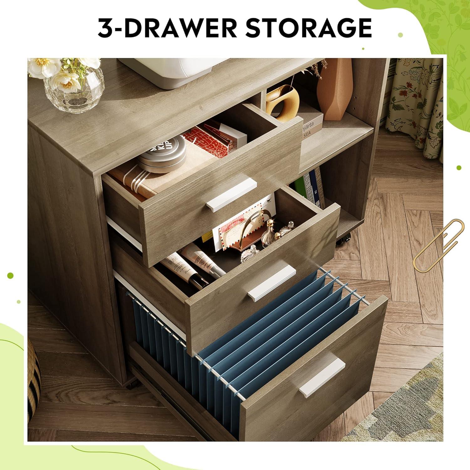 GALAXHERO 3-Drawer Wood Mobile File Cabinet, Lateral Filing Cabinet with Printer Stand and Open Shelves for Home Office, Gray Oak