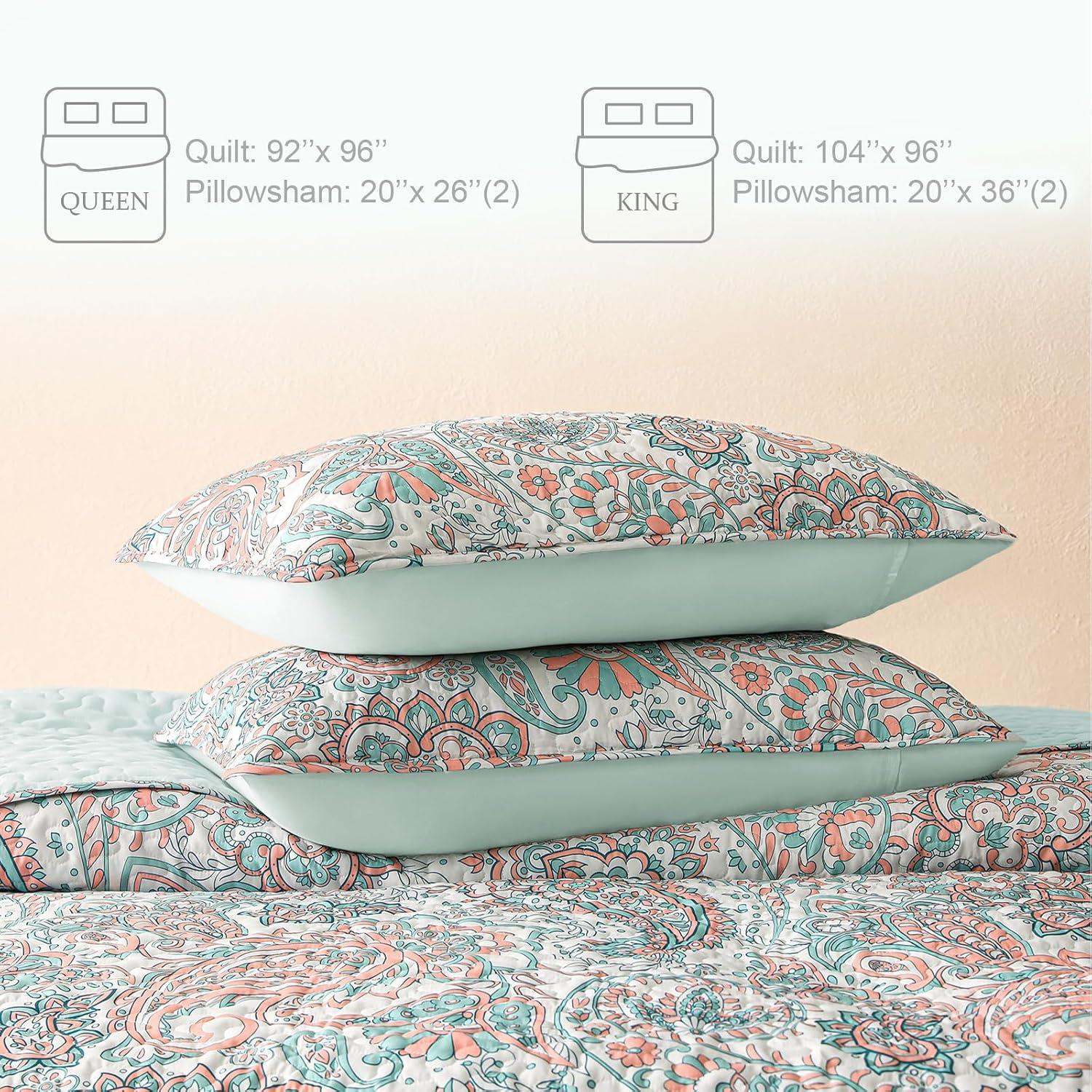 Exclusivo Mezcla Paisley Aqua Quilt Set King Size, 3-Piece Reversible Quilt Bedding Set, Lightweight and Soft Bedspread Coverlets