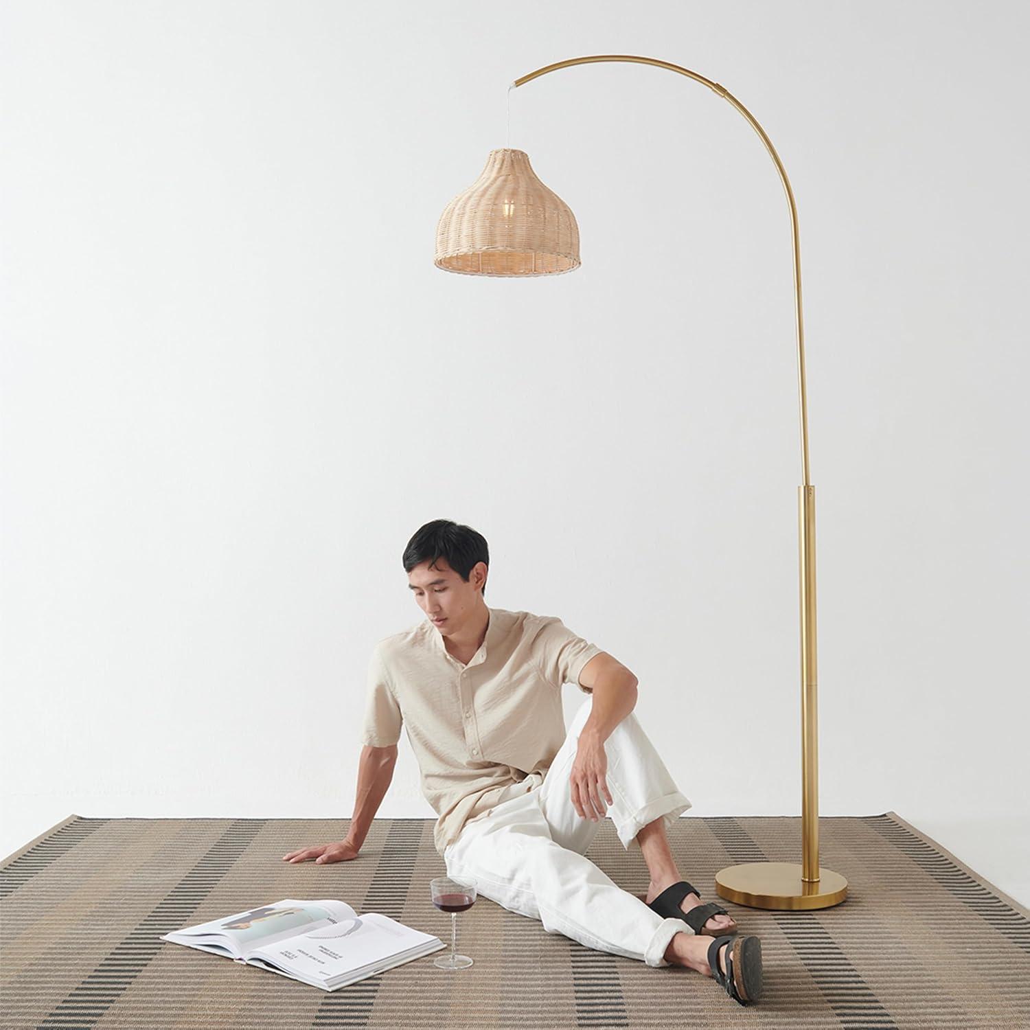 Lark 75 in. LED Arc Boho Floor Lamp with Rattan Shade and Brass Finish