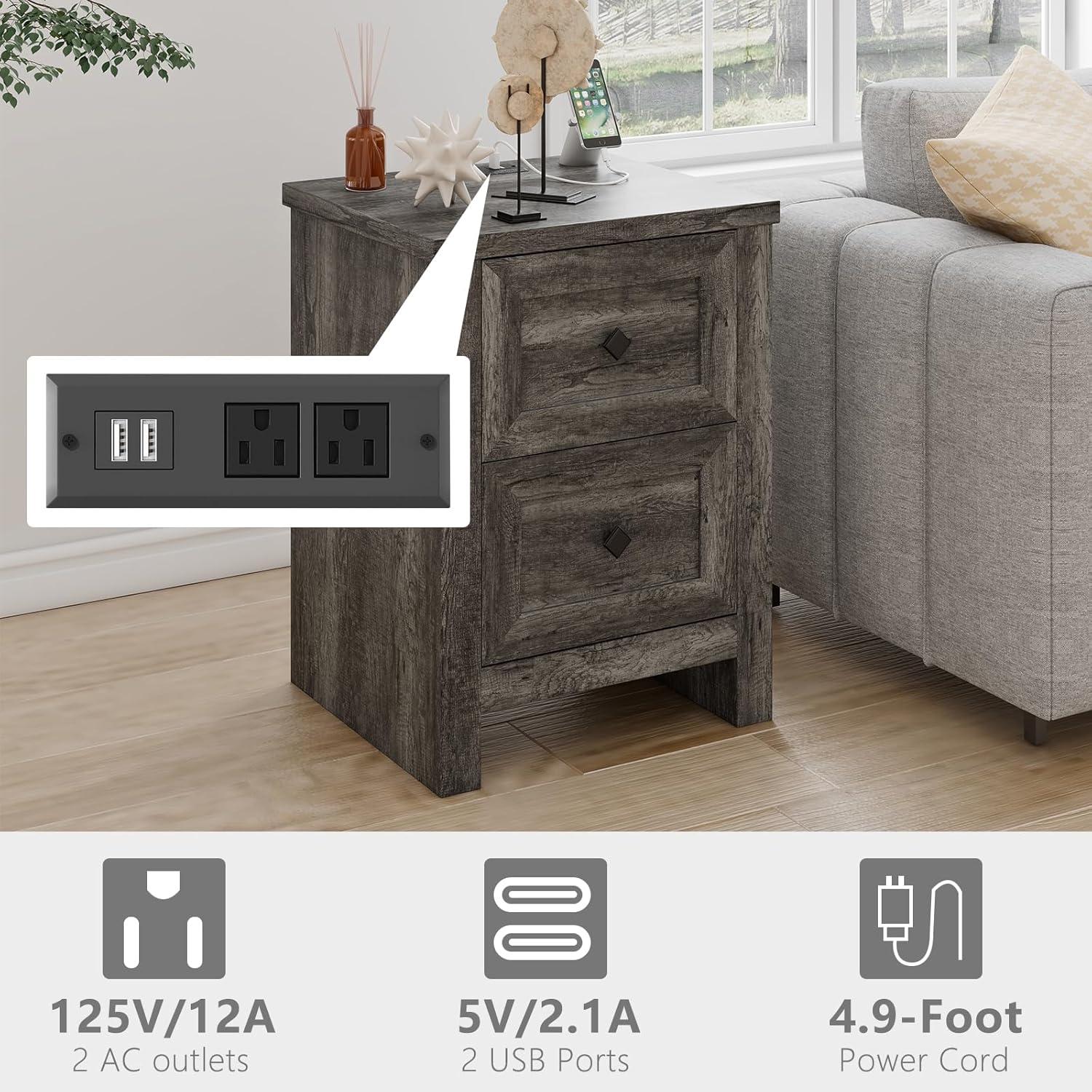 Merluxy Nightstand Set of 2 with Charging Station, Wood End Table with 2 Drawers Storage Cabinet Grey