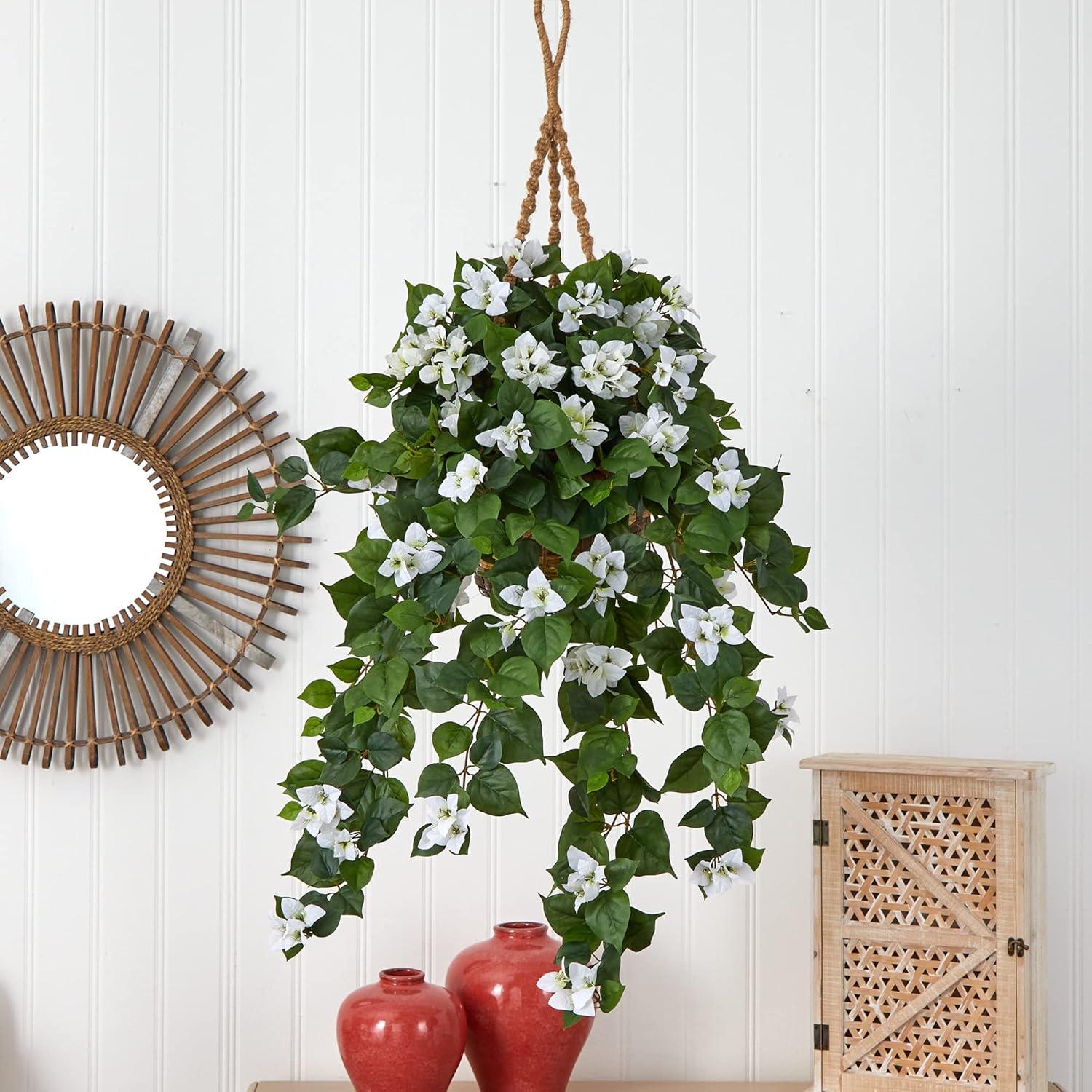 White Bougainvillea Potted Hanging Plant in Wicker Basket