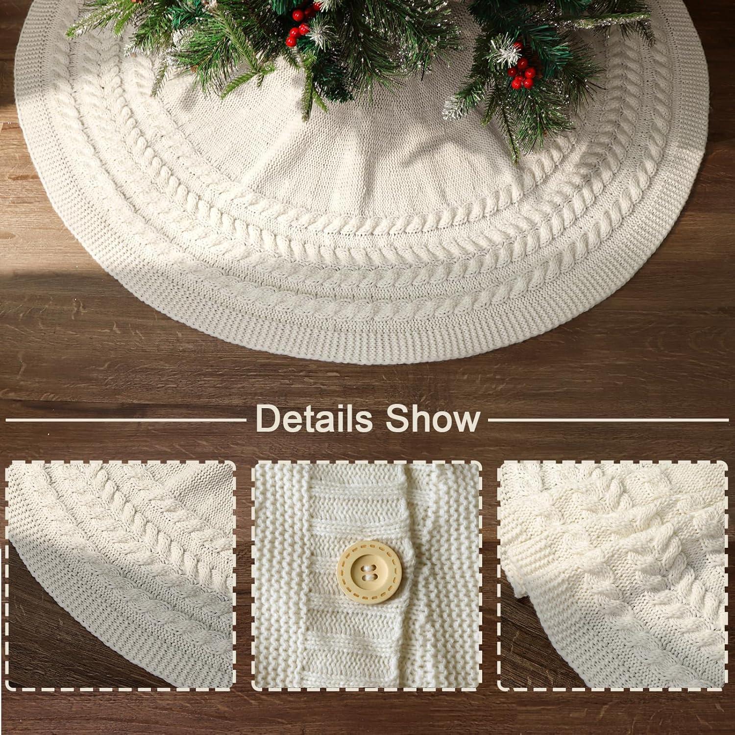 Knitted Christmas Tree Skirt: 48 Inches Cream White Tree Skirt, Diamond Edge Cable Knit Thick Rustic Christmas Tree Decorations, Holiday Christmas Decor Xmas Home Party Decorations