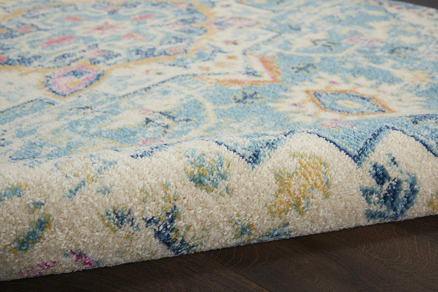 Ivory and Turquoise Floral Power-Loomed 6'7" x 9'6" Area Rug