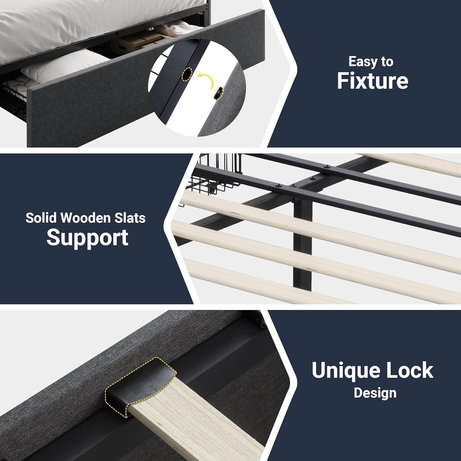 Amolife Base de Cama con Plataforma Tapizada Tamaño Queen con 3 Cajones de Almacenamiento, Gris Oscuro