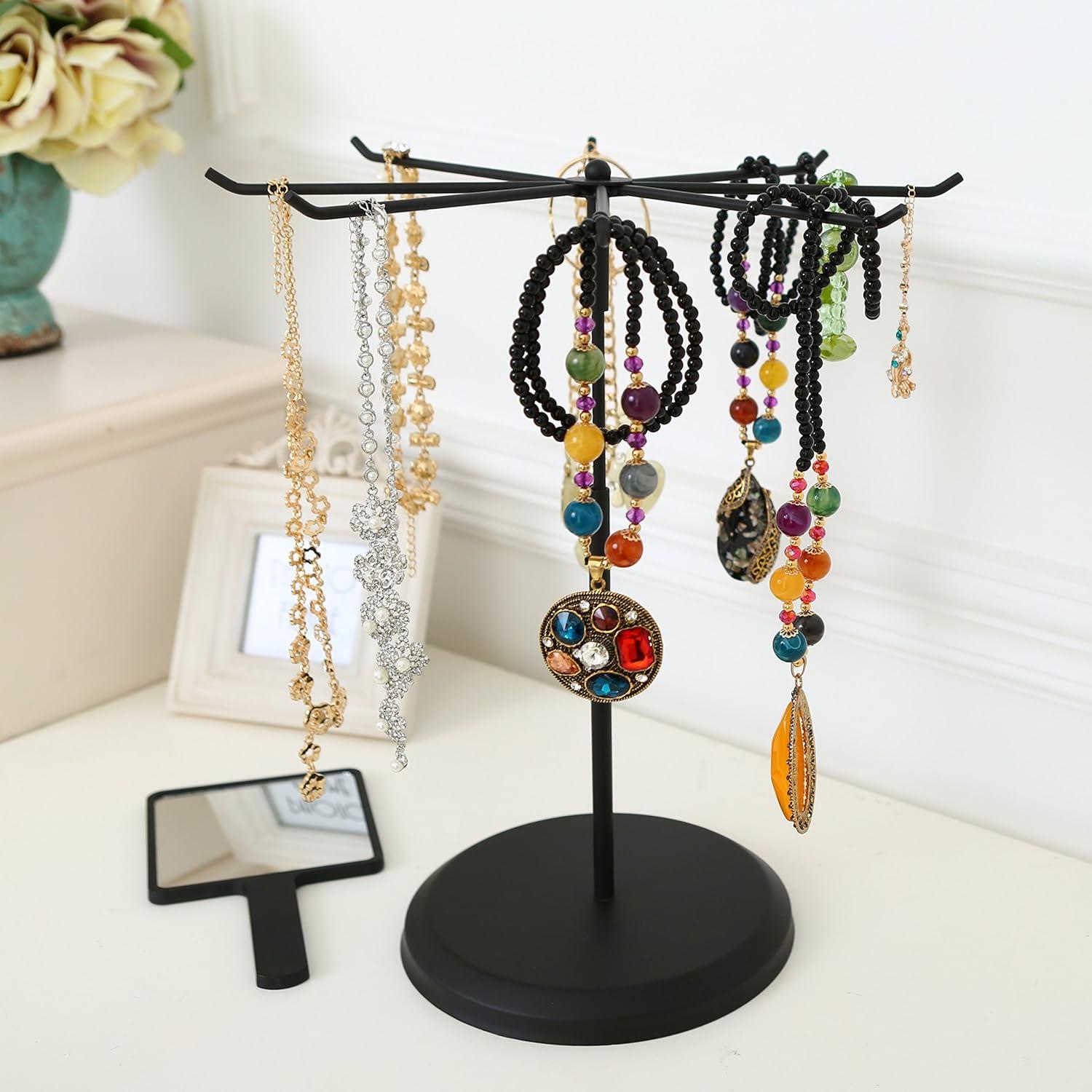 Black Metal Adjustable Rotating Necklace and Bracelet Organizer