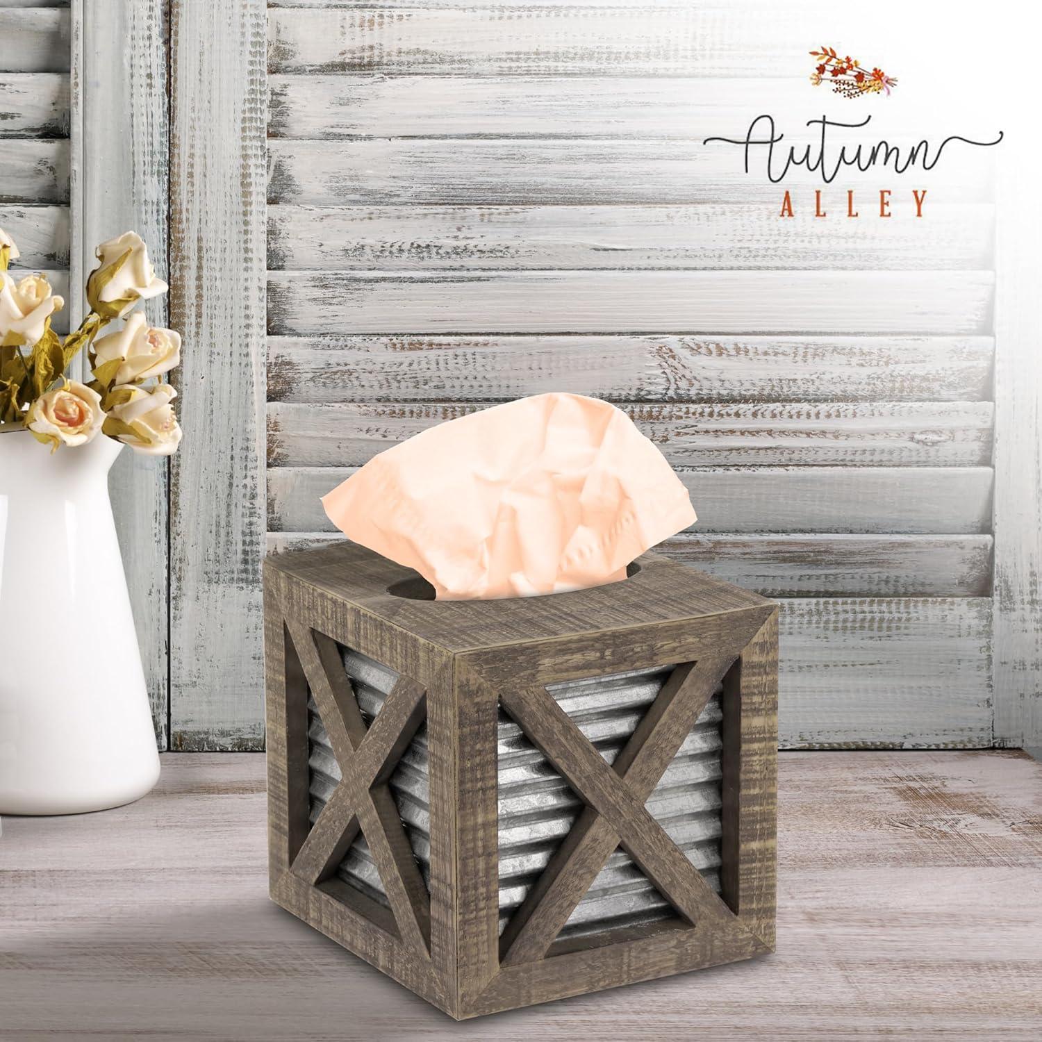 Autumn Alley Wood Rustic Farmhouse Tissue Box Cover with Galvanized Metal – Farmhouse Decor