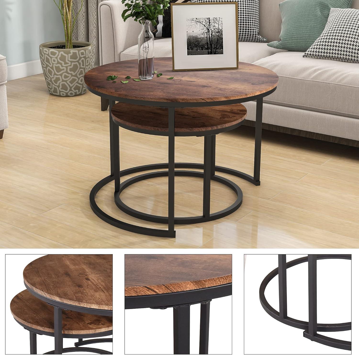 Industrial Round Coffee Table Set with Black Metal Frame and Rustic Brown Wood Look