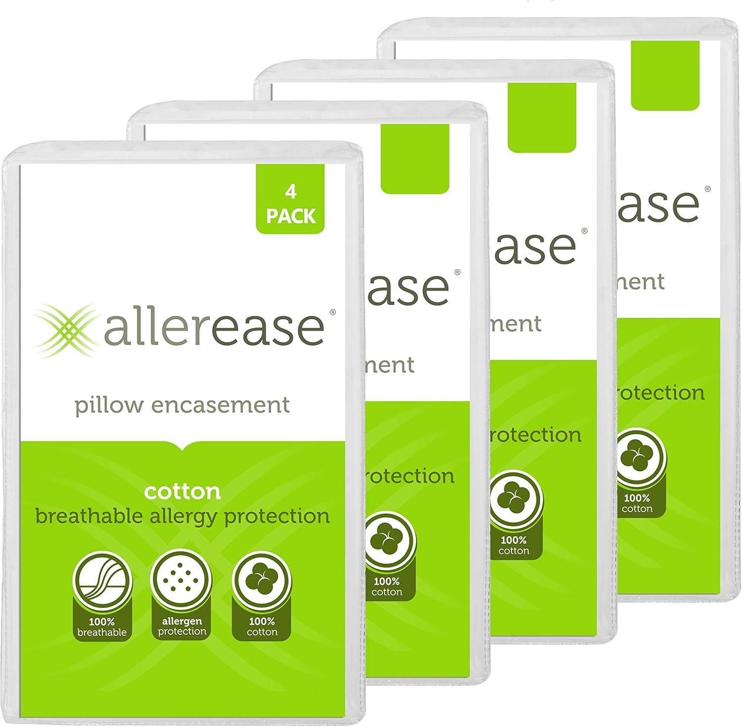 AllerEase 100% Cotton Allergy Protection Pillow Protectors - Hypoallergenic, Zippered, Allergist Recommended, Prevent Collection of Dust Mites and Other Allergens, Standard Sized, 20? x 26? (Set of 4)