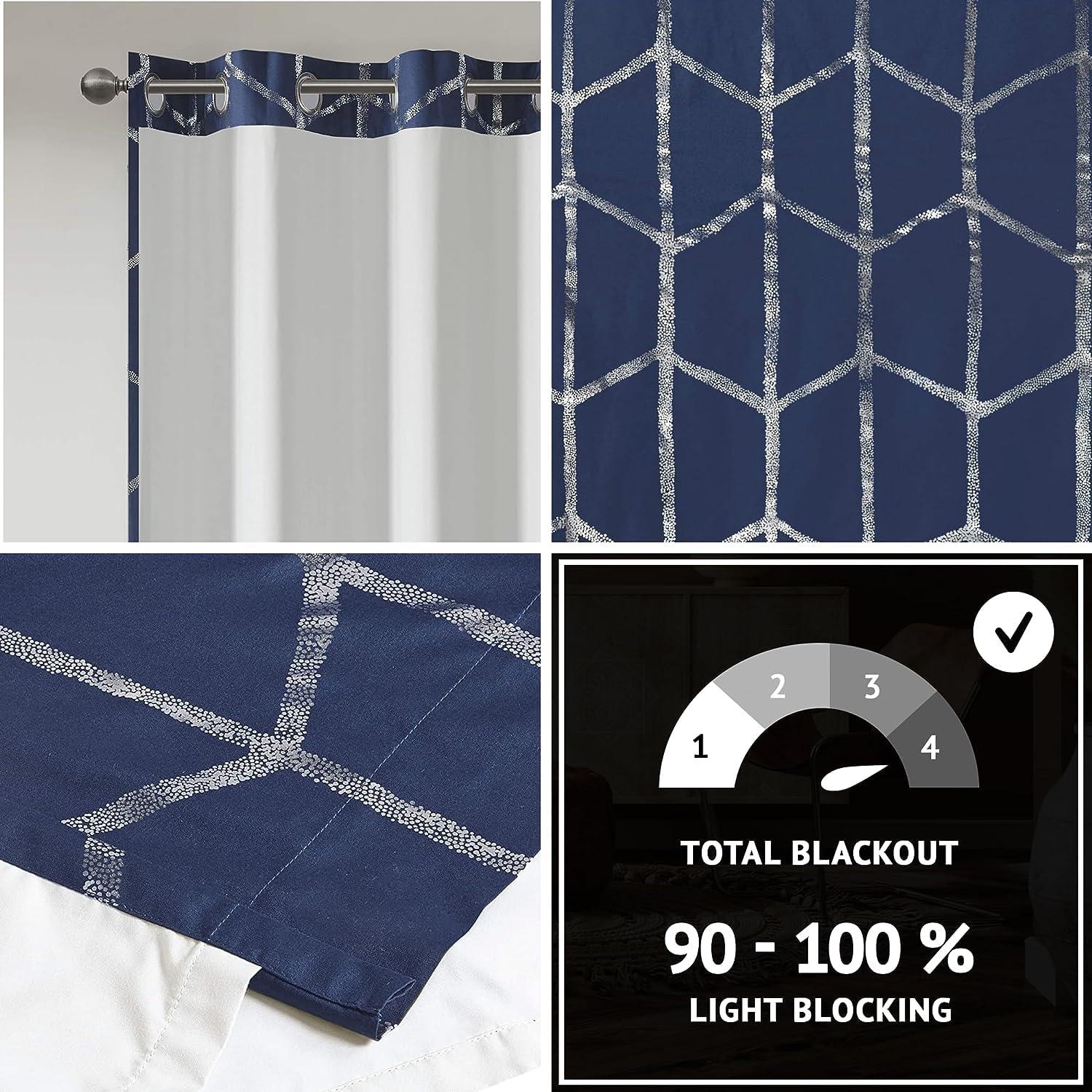 63"x50" Arielle Total Blackout Metallic Printed Curtain Panel Navy: Intelligent Design, Geometric Grommet Top, Energy Efficient