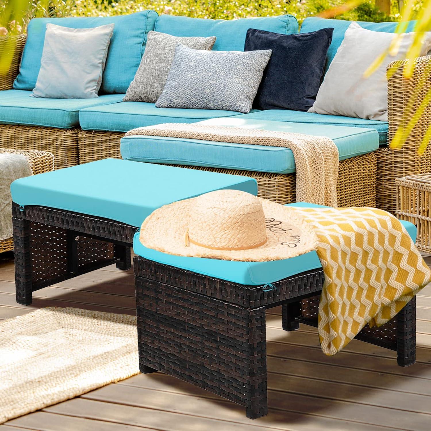 Tangkula 2 PCS Outdoor Wicker Ottoman Patio Rattan Furniture Metal Footrest Seat Square Footstool with Cushion Turquoise