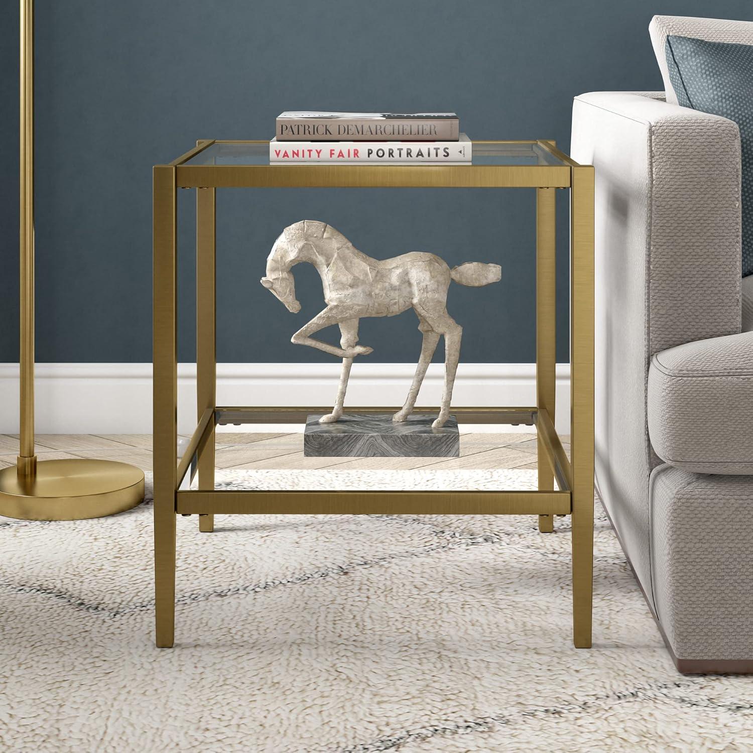 Evelyn&Zoe Hera 20" Wide Square Side Table with Glass Shelf, Antique Brass