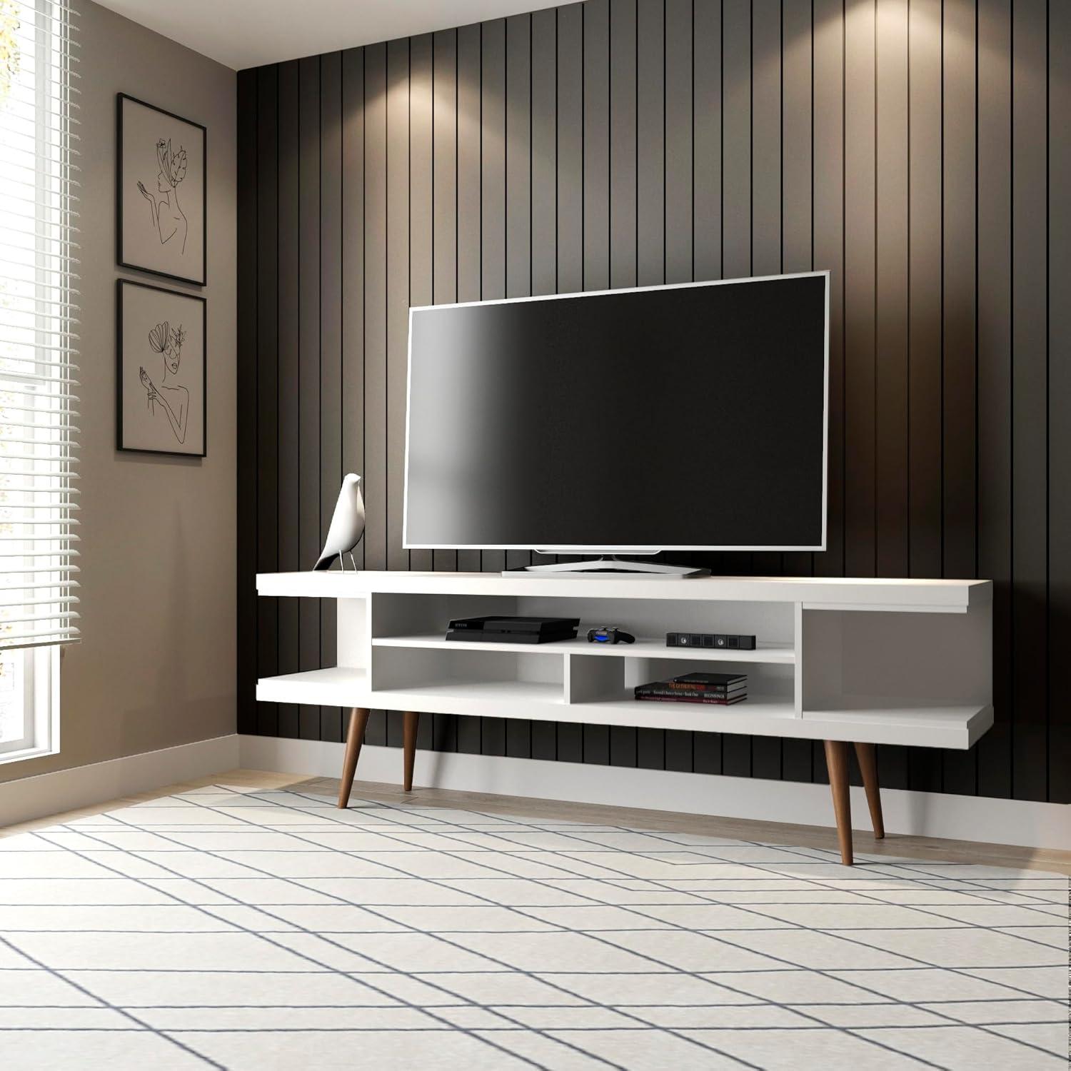 Utopia TV Stand for TVs up to 65" White - Manhattan Comfort: Modern Entertainment Center, Cable Management