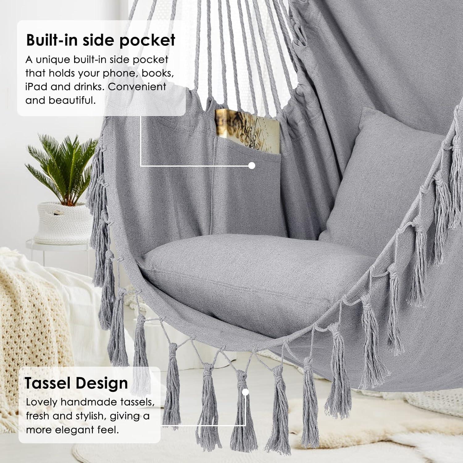 Light Gray Cotton Hanging Chair with Cushions and Pocket