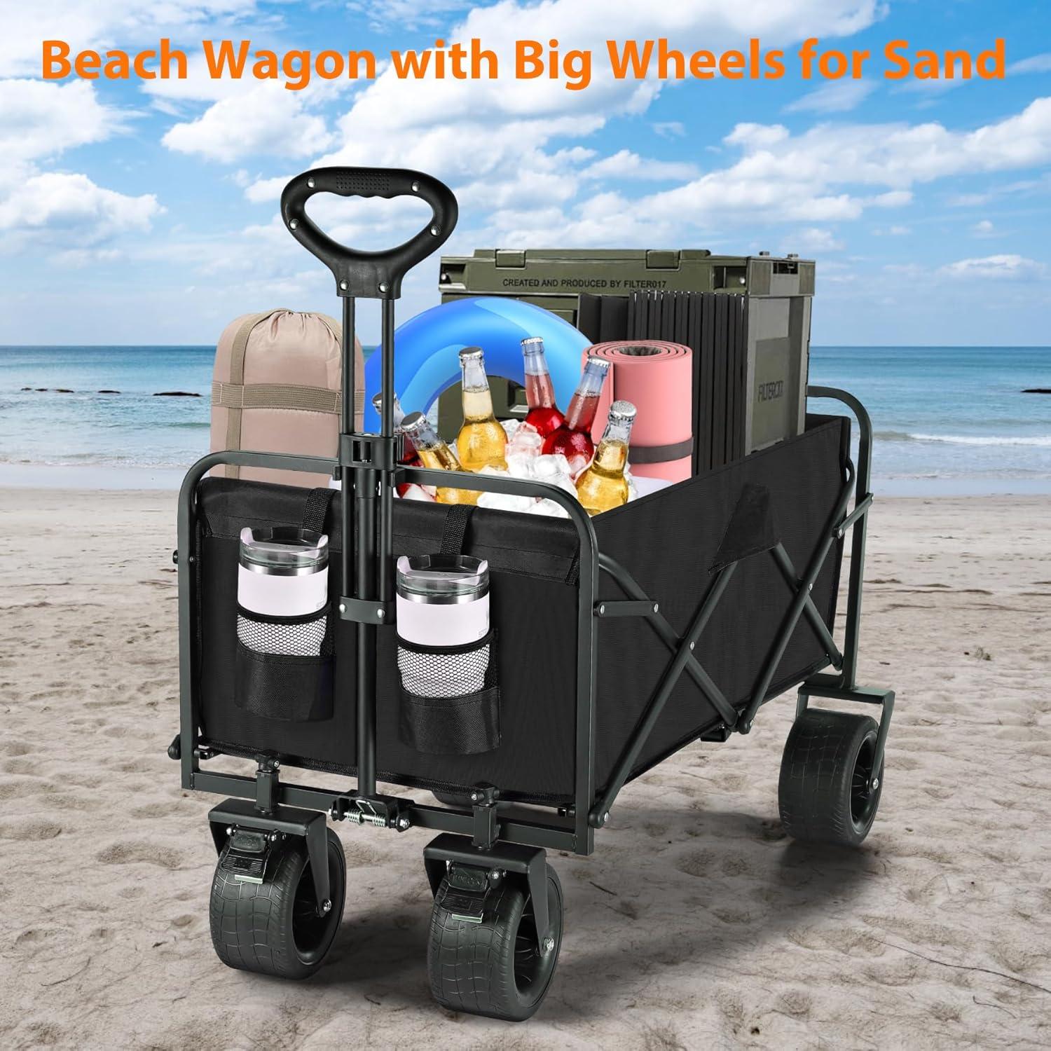 Clearance! Outdoor Utility Wagon Cart with Cup Holdler, Large Capacity Folding Wagon Garden Shopping Beach Cart,Heavy Duty Foldable Cart, for Outdoor Activities, Beaches, Parks, Camping (Blue)