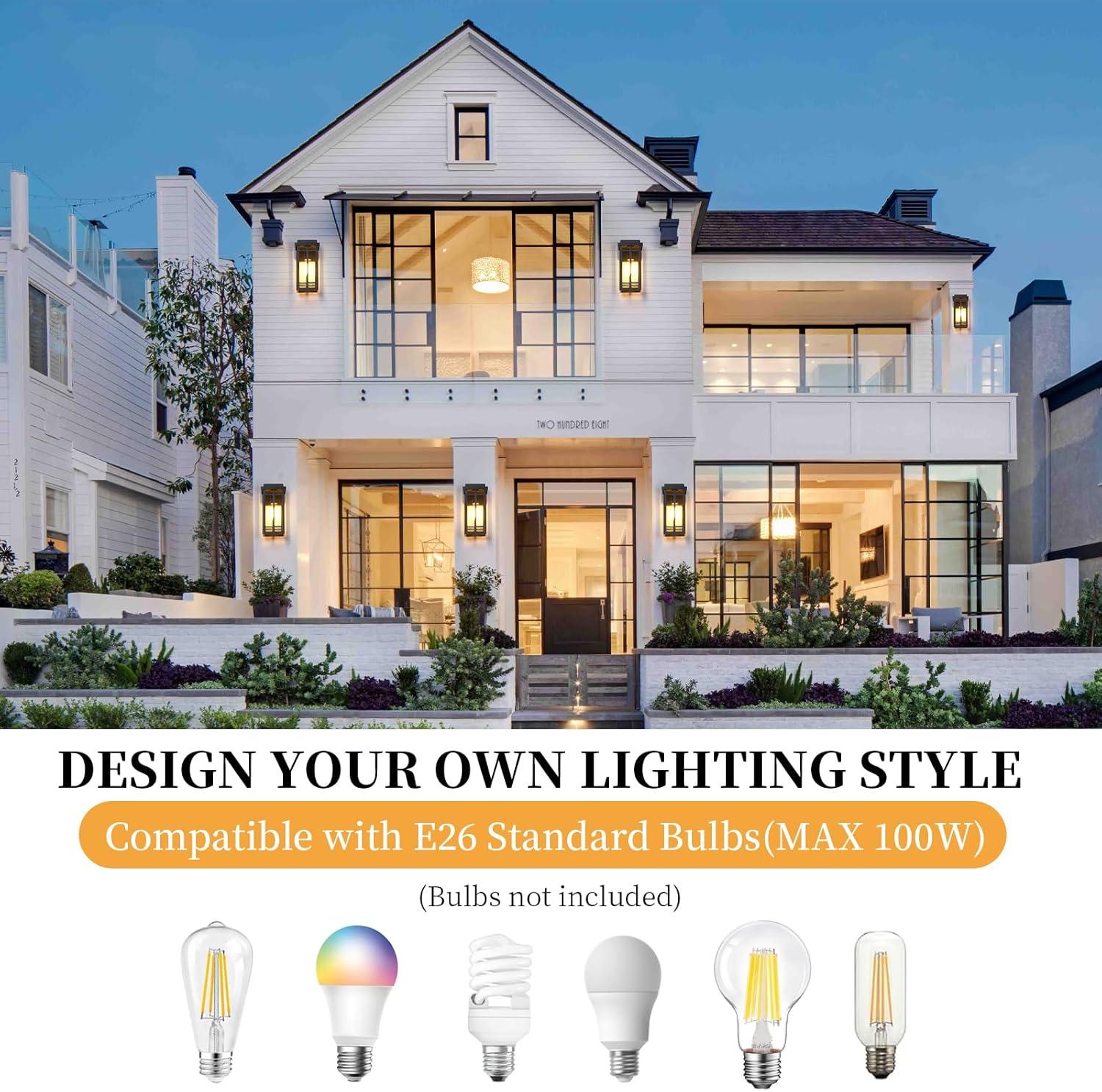 Black Modern Outdoor Wall Lanterns with Tempered Glass Shade, 9.76''