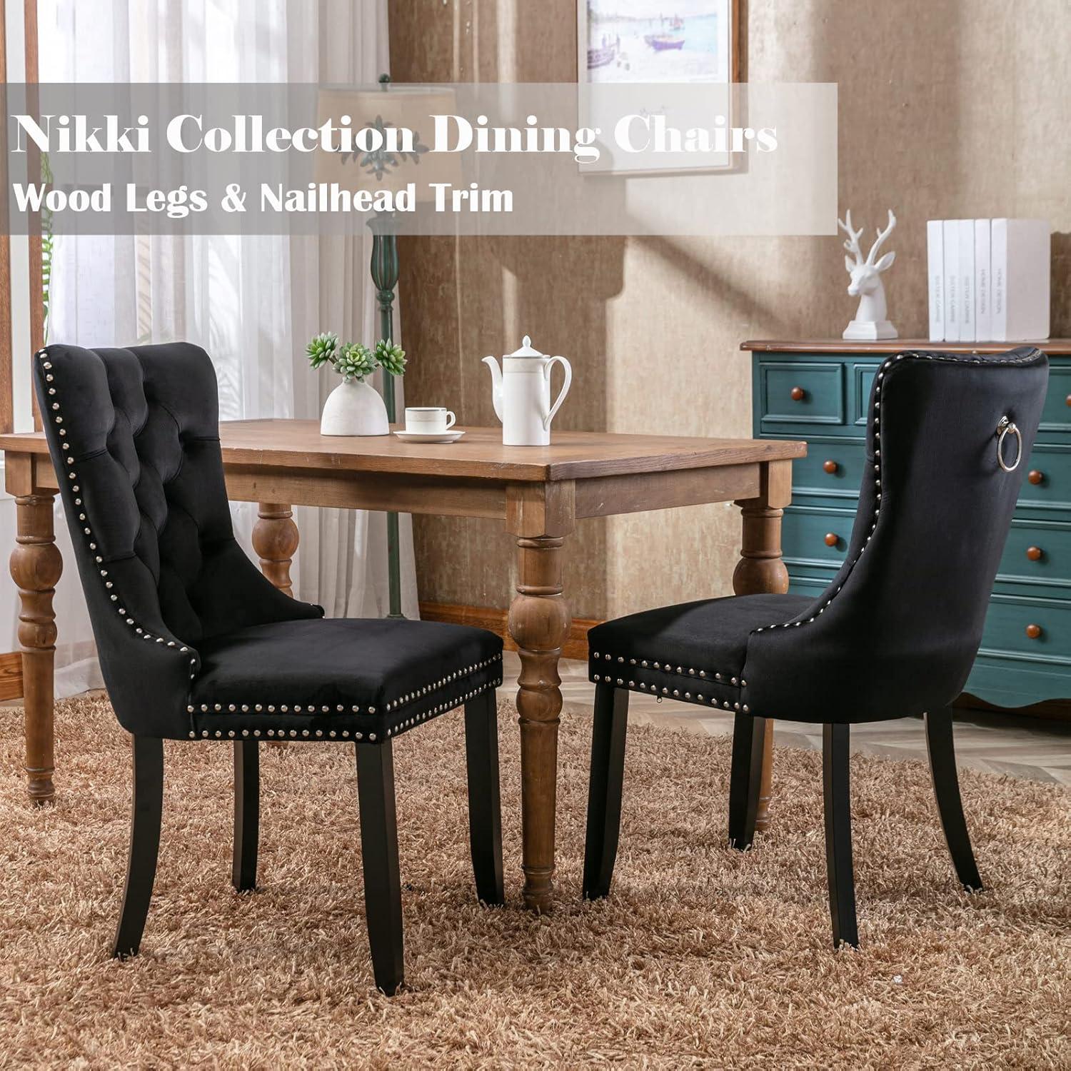 ODUSE-DAILY Black Velvet Dining Chairs Set of 2, Kitchen & Dining Room Chairs, Sillas De Comedor, Nailheads Tufted, Velvet Upholstered, Solid Wood (Black, 2 Pcs)