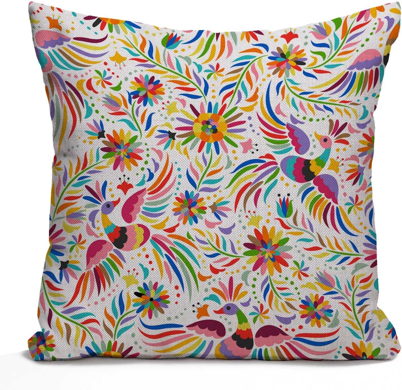 Nphuriy Mexican Floral Decorations Pillow Cover Ethnic Art Birds and Paisley Flowers Farmhouse Decor Throw Pillow Cases Cushion Cover 16 x 16 Inch Home Decoration